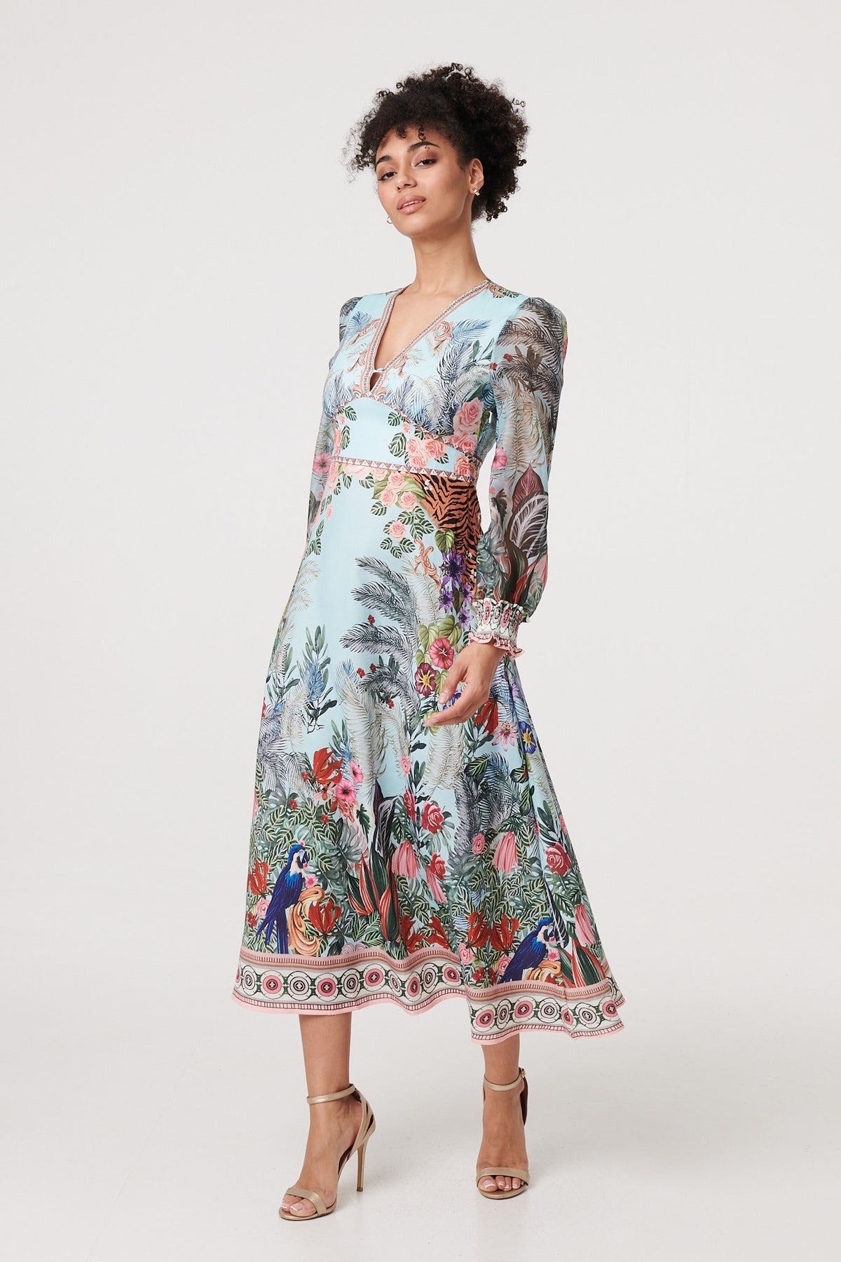 Tropical Print Empire Waist Midi Dress Styled View