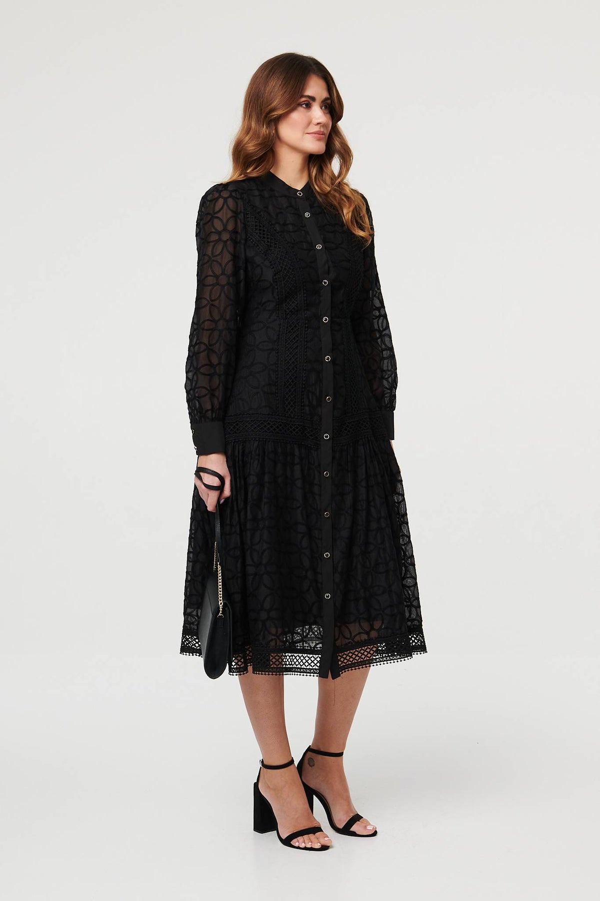 Embroidered Lace Long Sleeve Midi Dress Side View 2