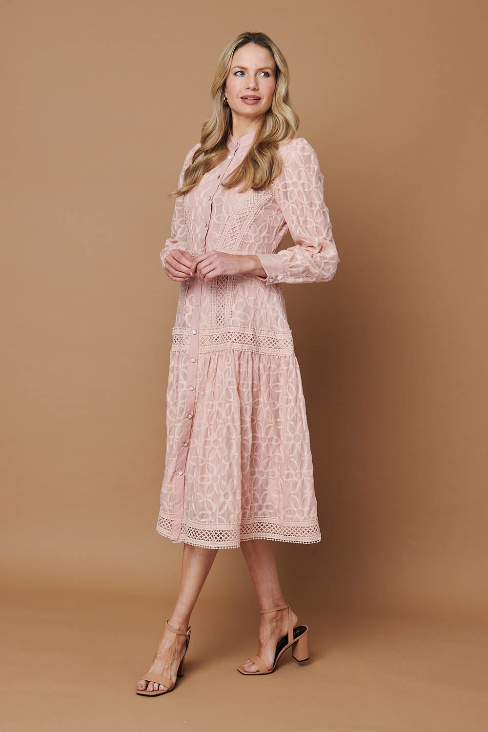 Embroidered Lace Long Sleeve Midi Dress Full Length View