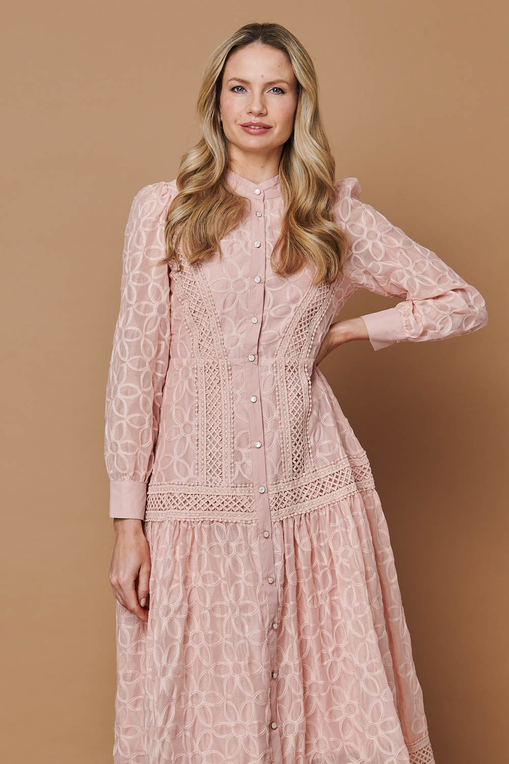 Embroidered Lace Long Sleeve Midi Dress Styled View