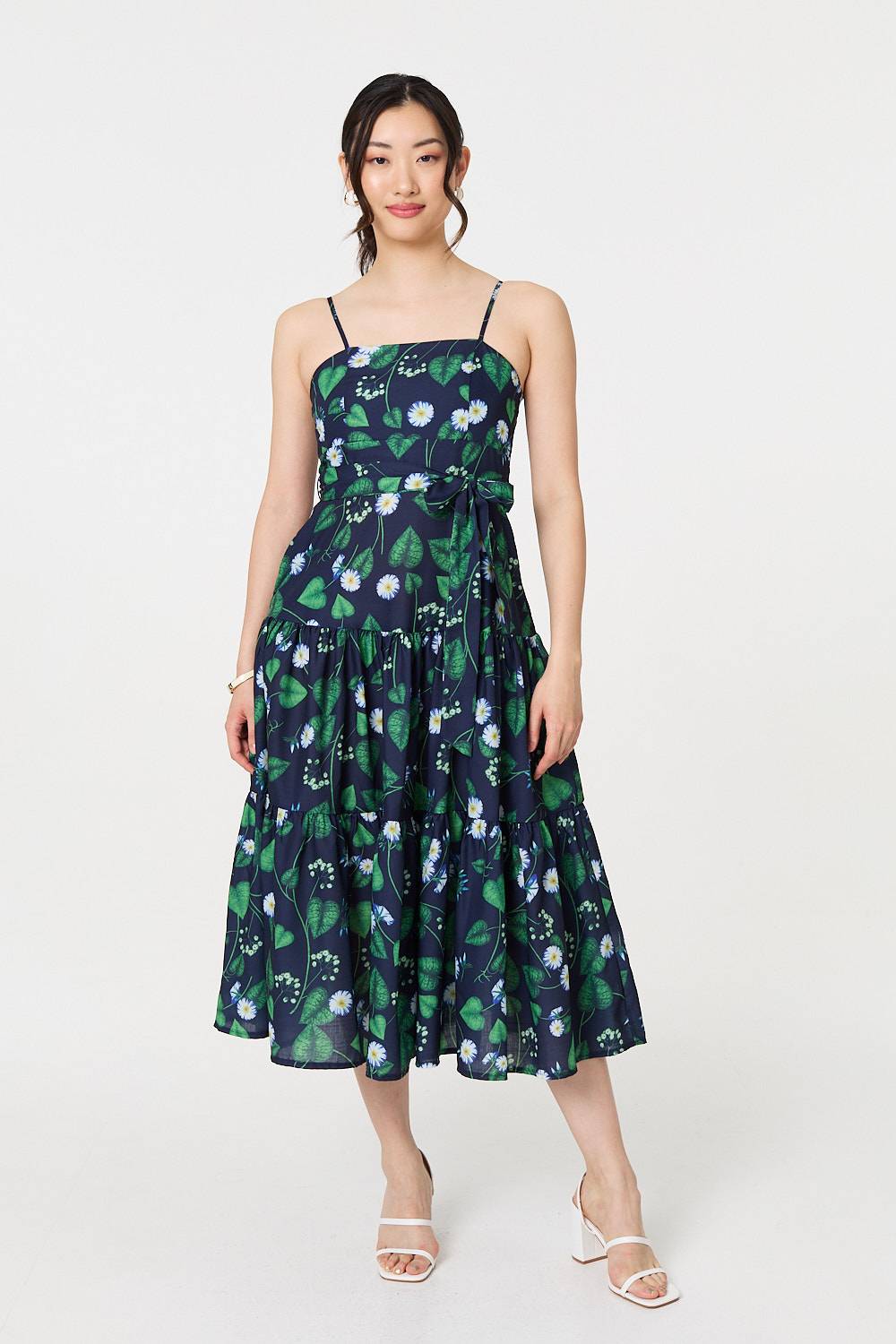 Floral Sleeveless Tie Waist Midi Dress Front View