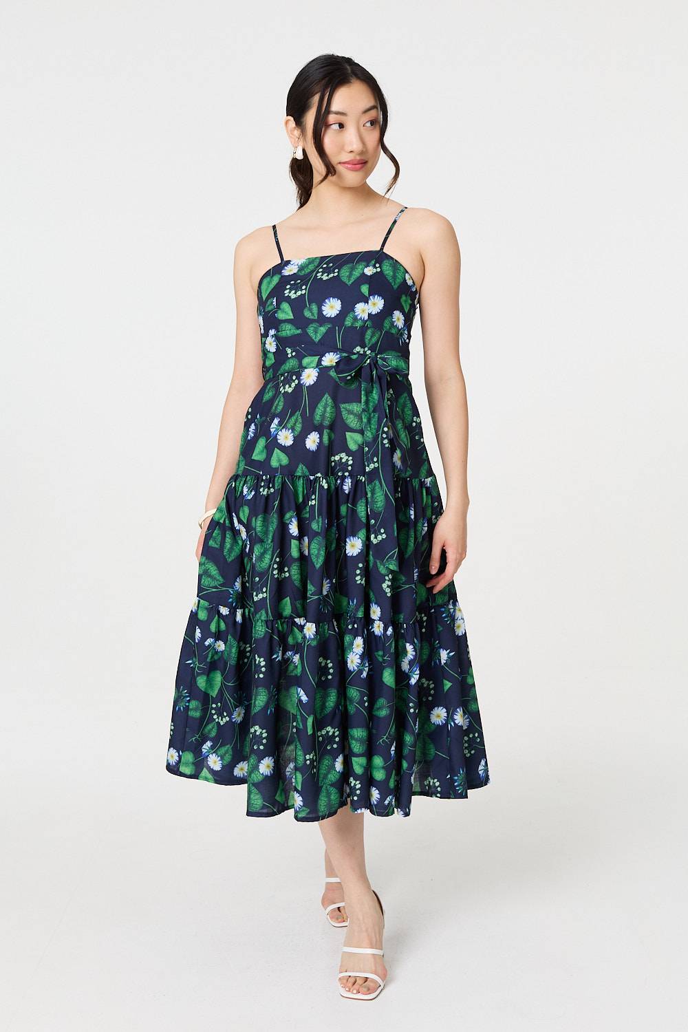 Floral Sleeveless Tie Waist Midi Dress Front View 2