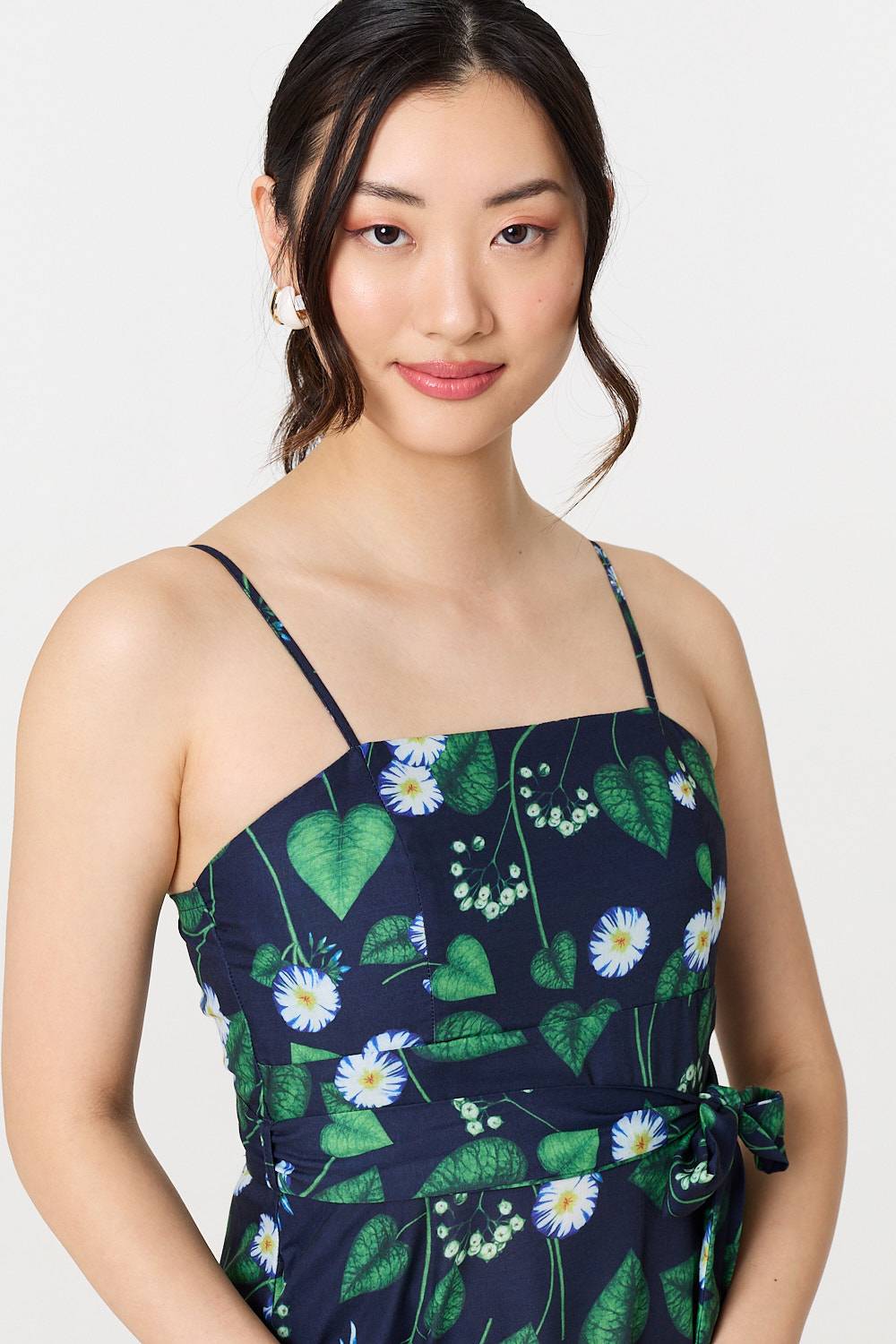 Floral Sleeveless Tie Waist Midi Dress Full Length View