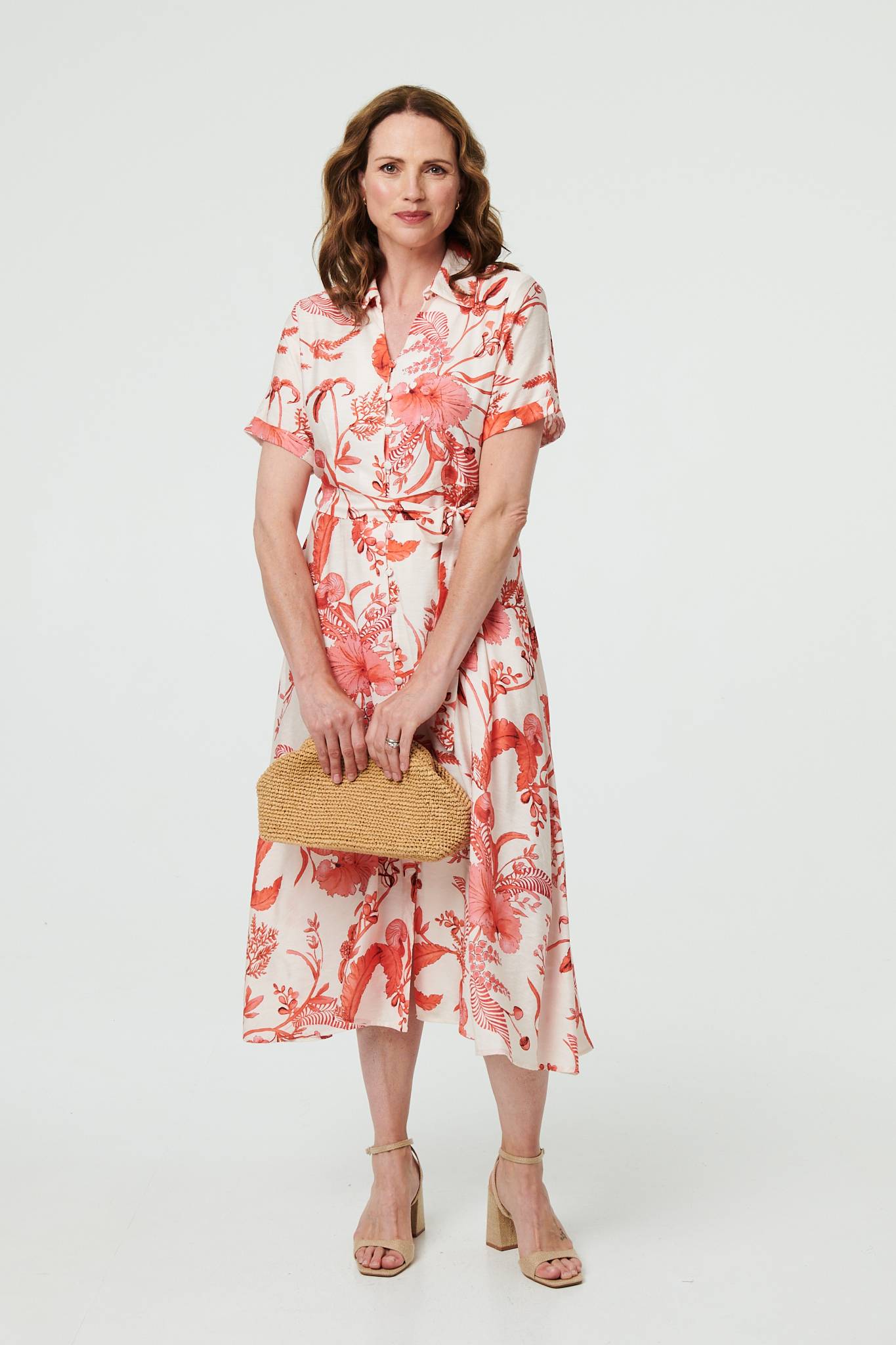 Printed Tie Waist Shirt Midi Dress Front View