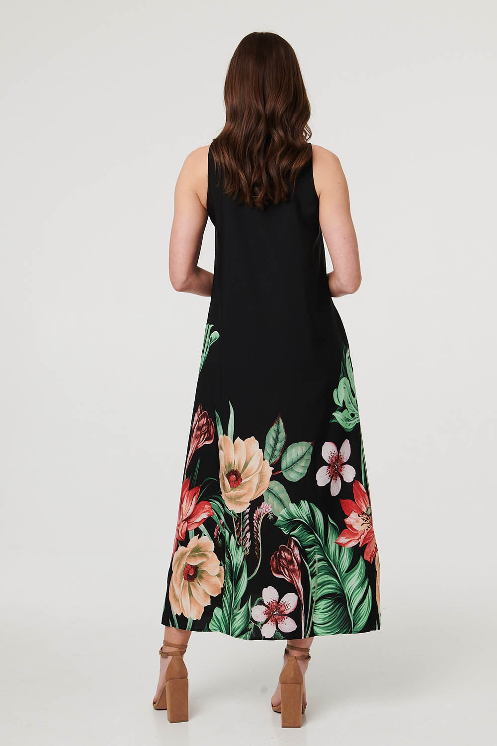 Tropical Floral Sleeveless Midi Dress Styled View