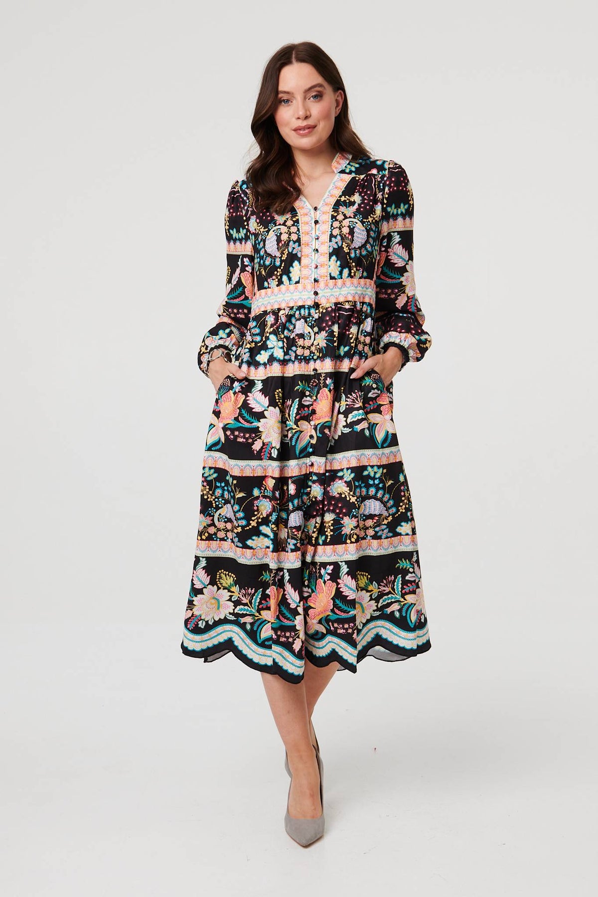 Floral Long Sleeve Buttoned Midi Dress Front View
