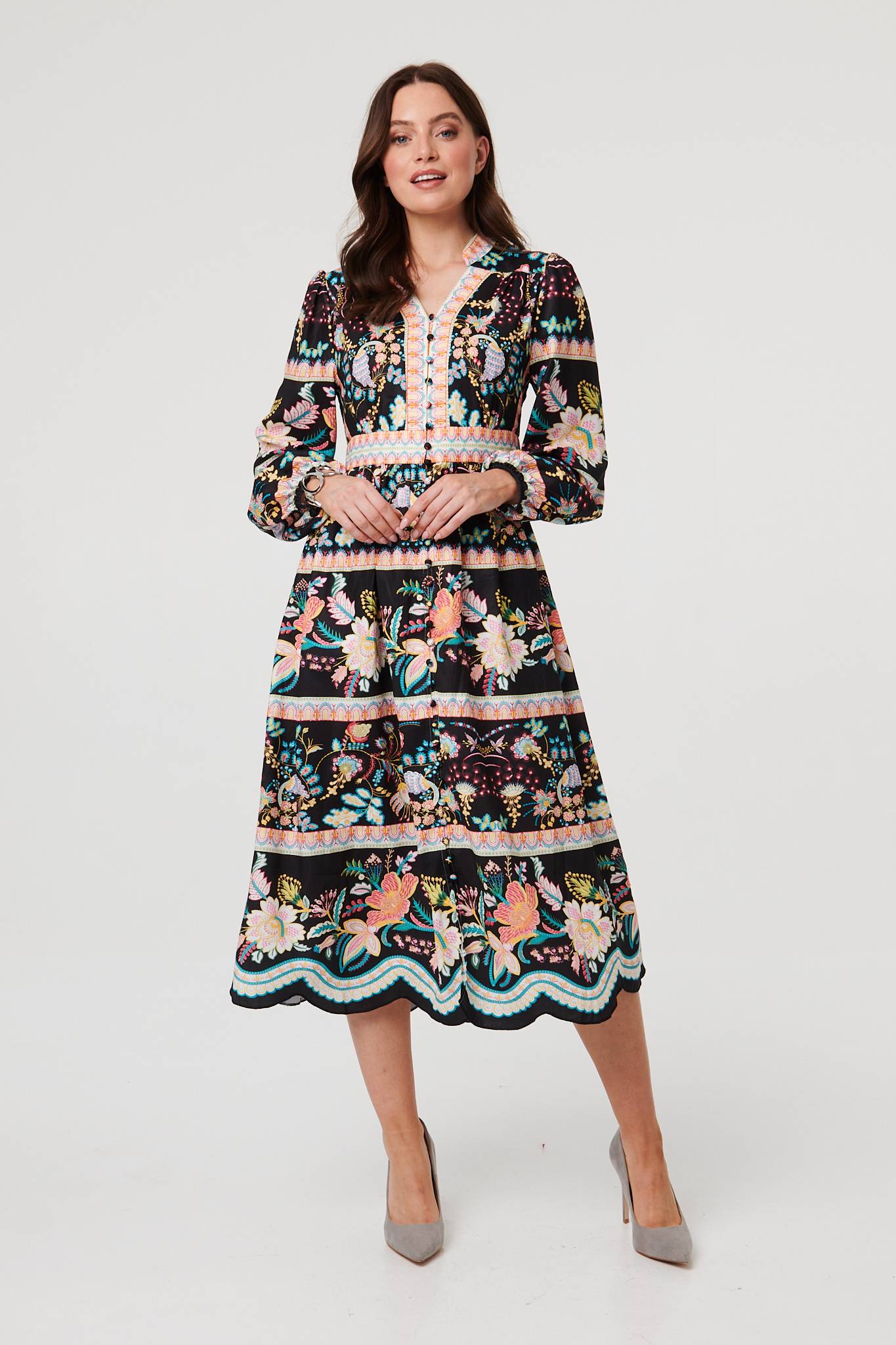 Floral Long Sleeve Buttoned Midi Dress Front View 2