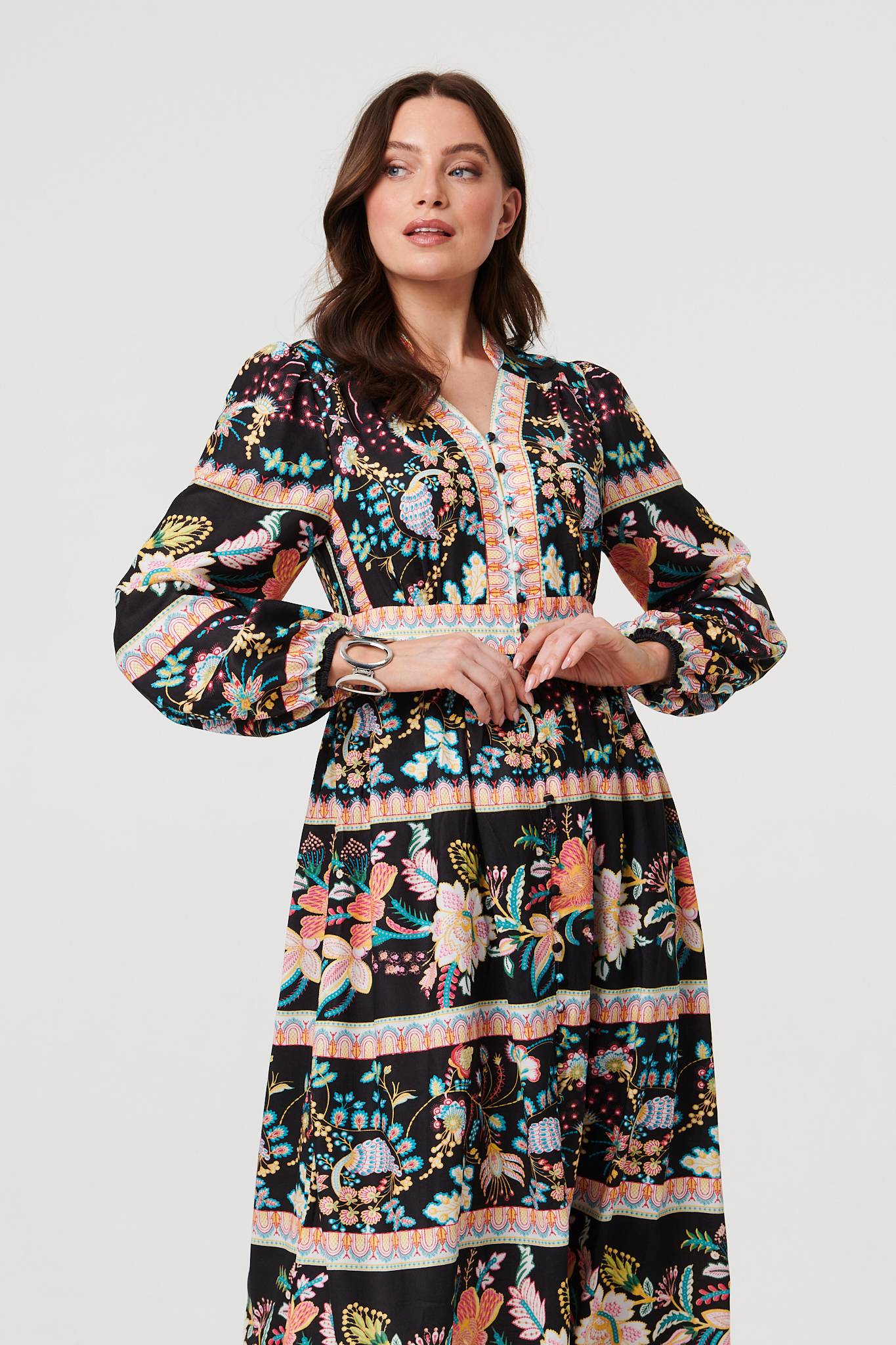 Floral Long Sleeve Buttoned Midi Dress Full Length View