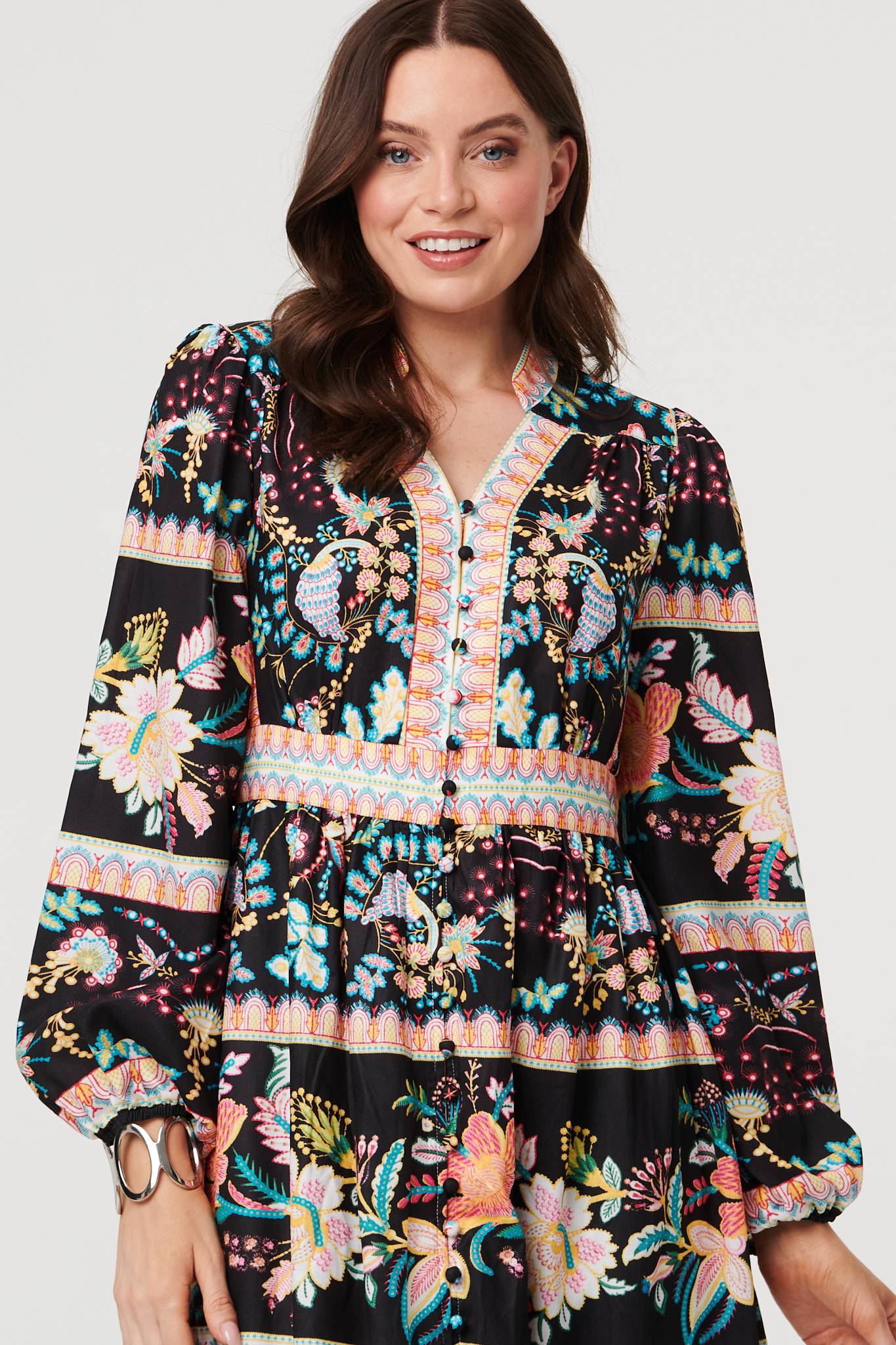 Floral Long Sleeve Buttoned Midi Dress Styled View