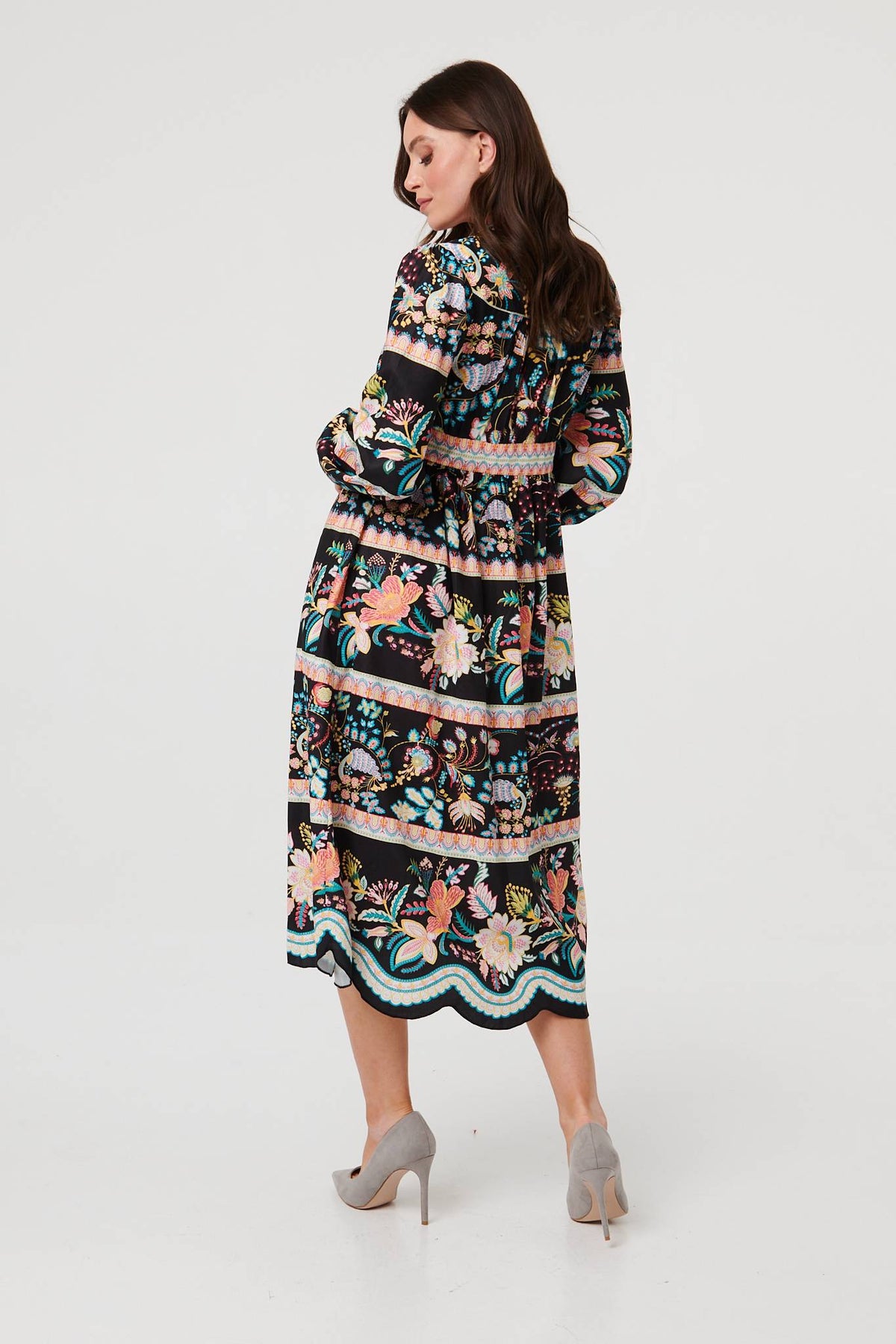 Floral Long Sleeve Buttoned Midi Dress Detail View