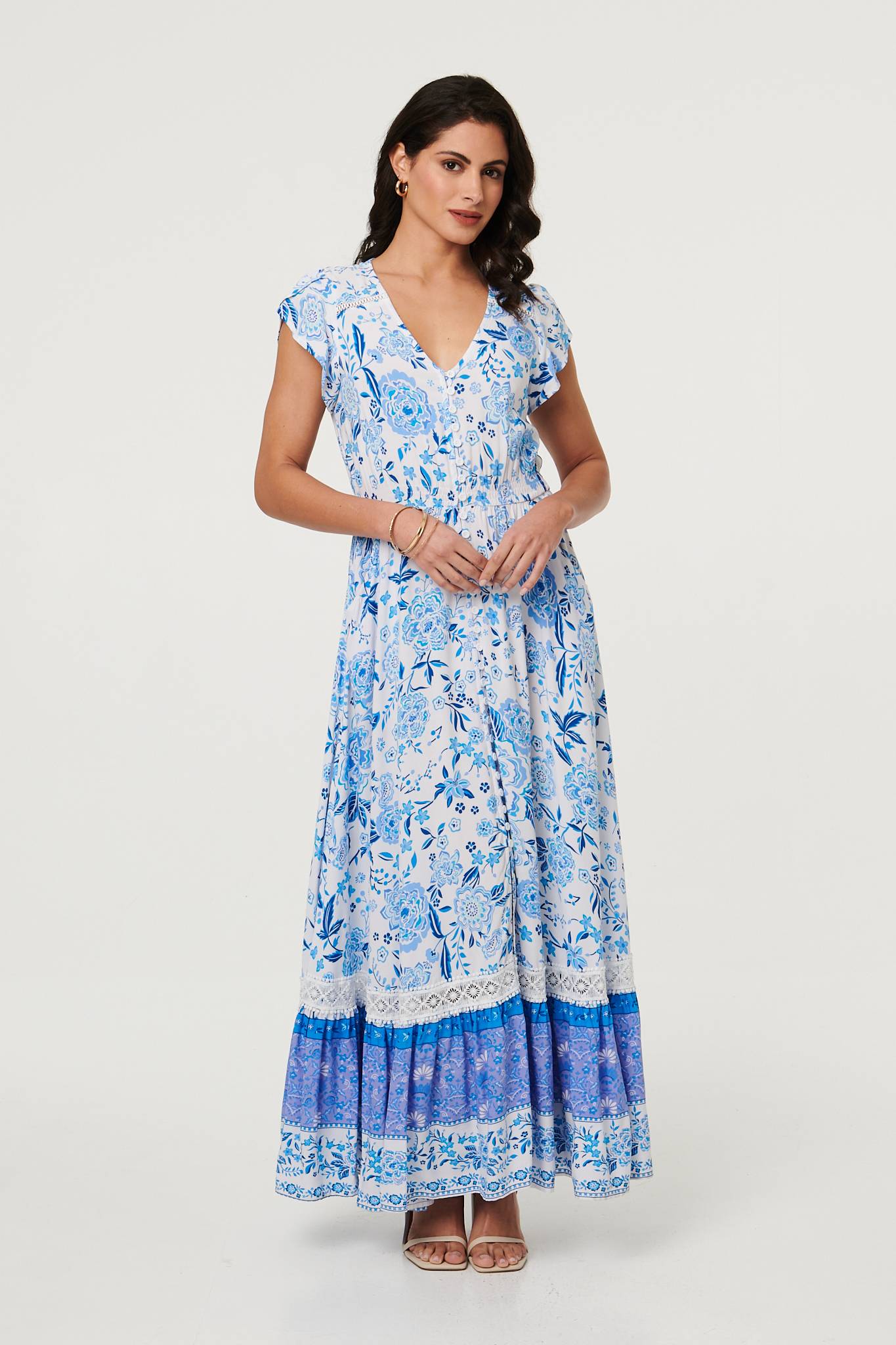 Floral Border Cap Sleeve Maxi Dress Detail View