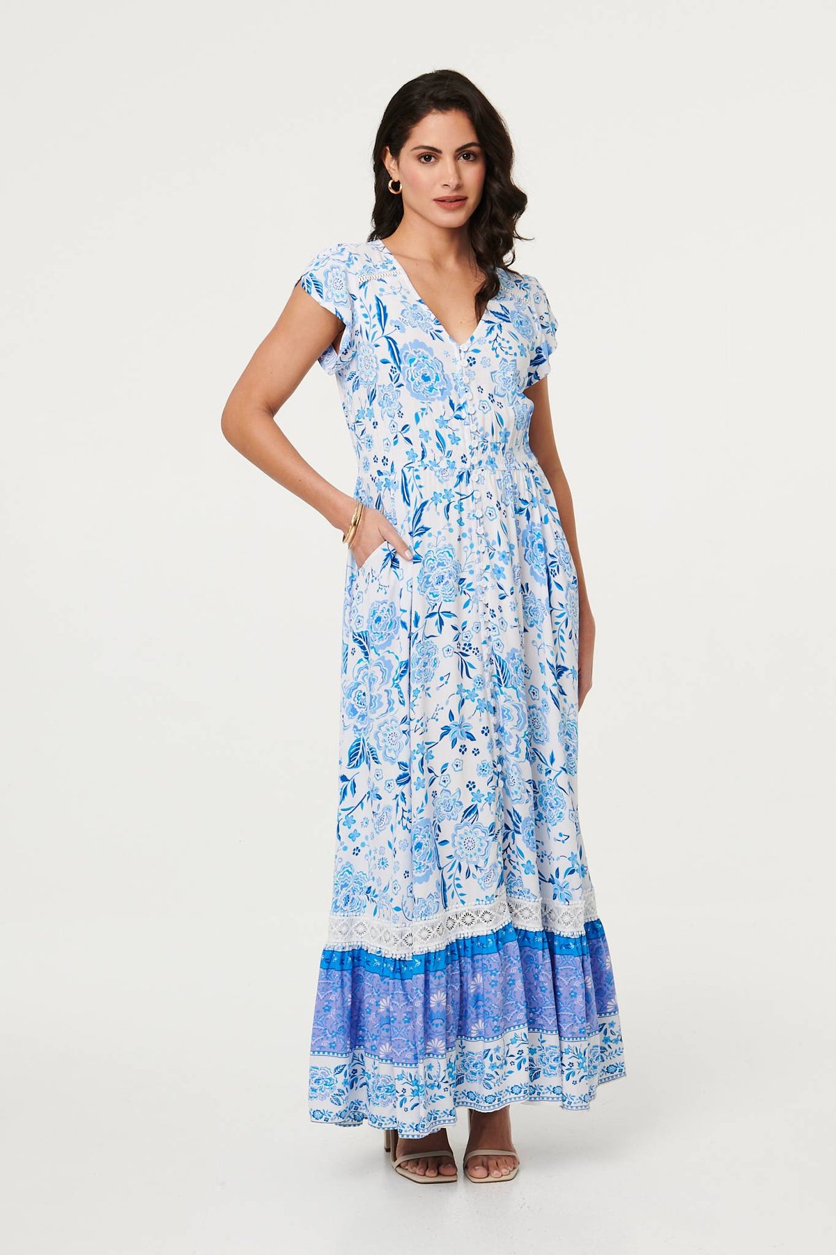 Floral Border Cap Sleeve Maxi Dress Front View 2