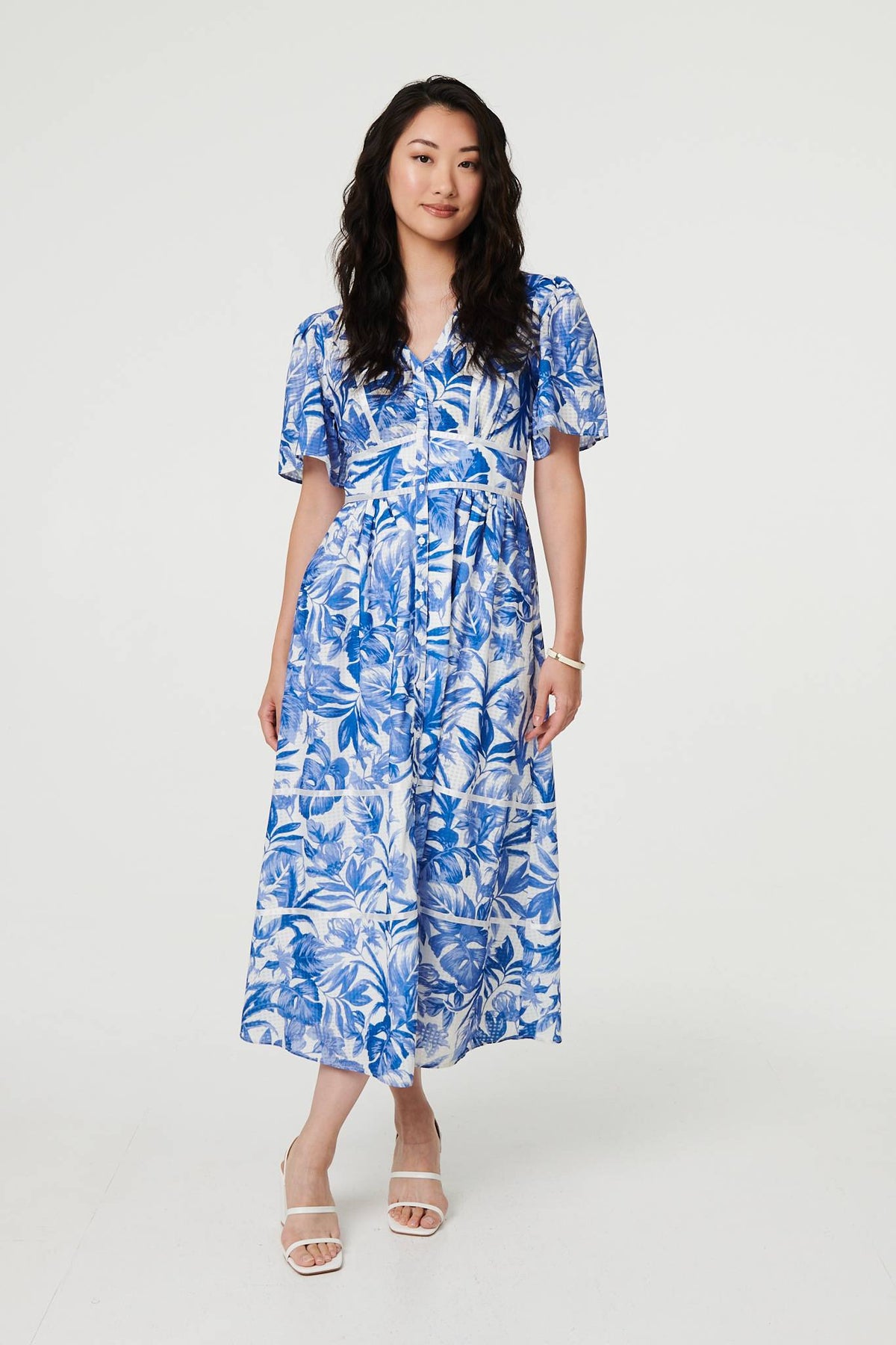 Leaf Print 1/2 Sleeve Tiered Midi Dress Styled View