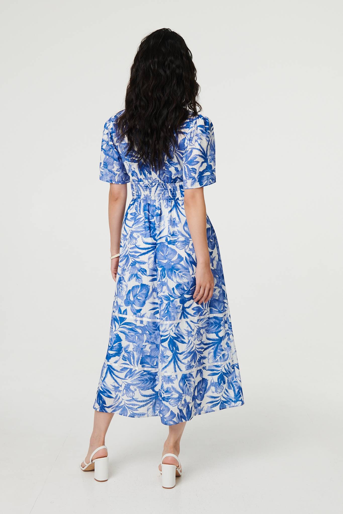 Leaf Print 1/2 Sleeve Tiered Midi Dress Detail View