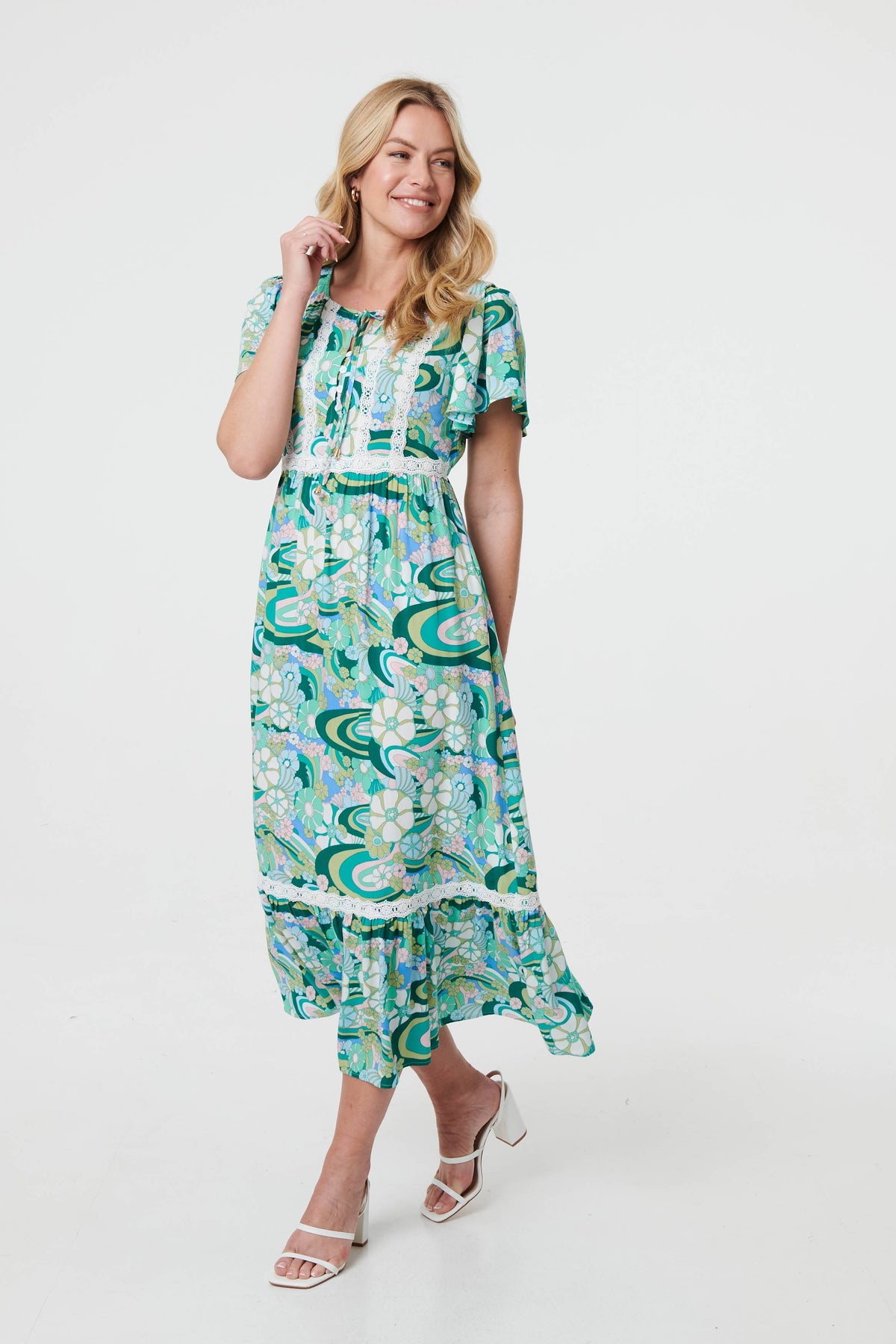 Abstract Lace Trim Tie Neck Midi Dress Styled View