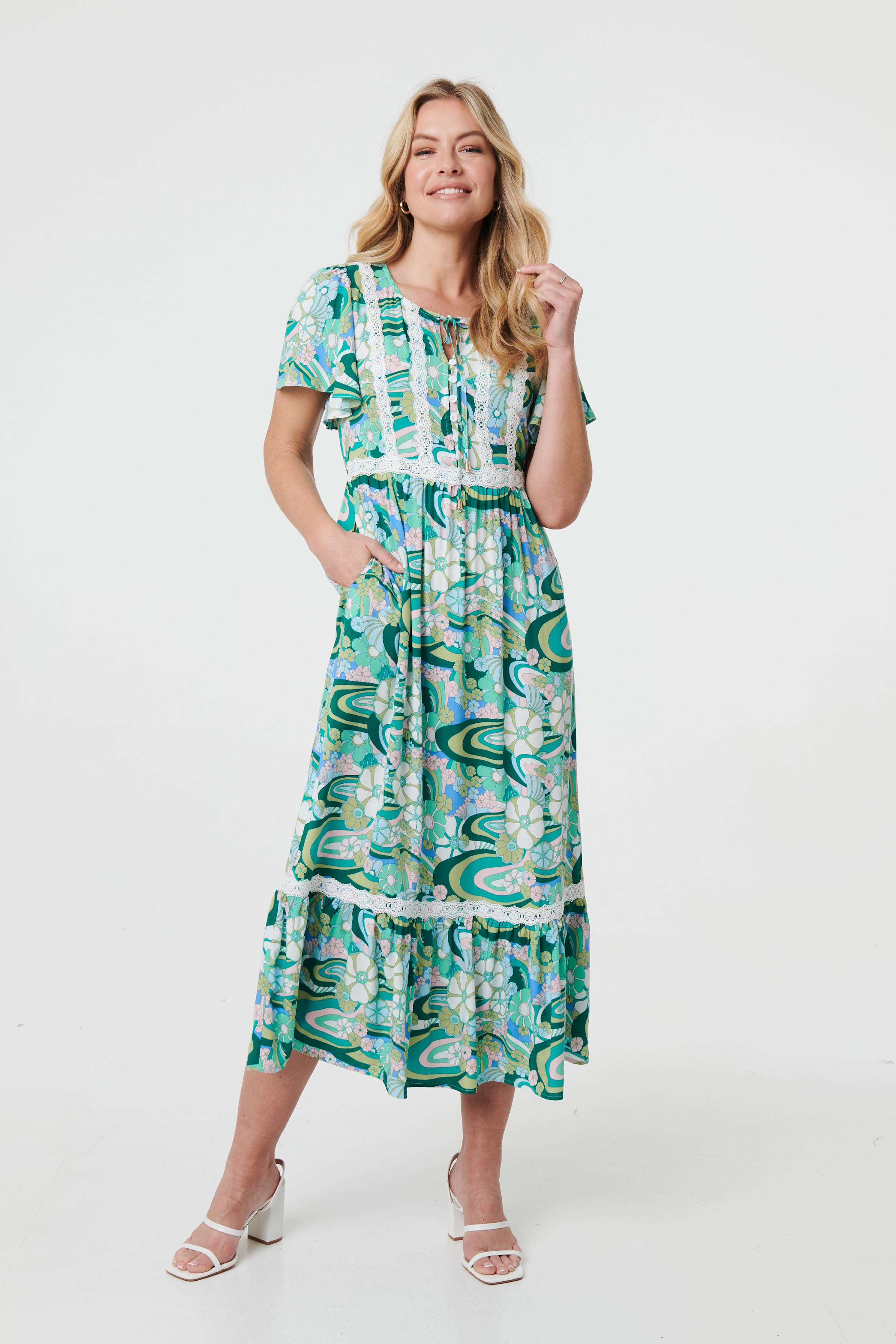 Abstract Lace Trim Tie Neck Midi Dress Front View