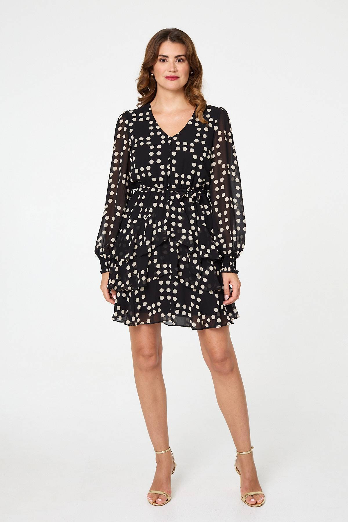 Polka Dot Semi Sheer Layer Short Dress Full Length View