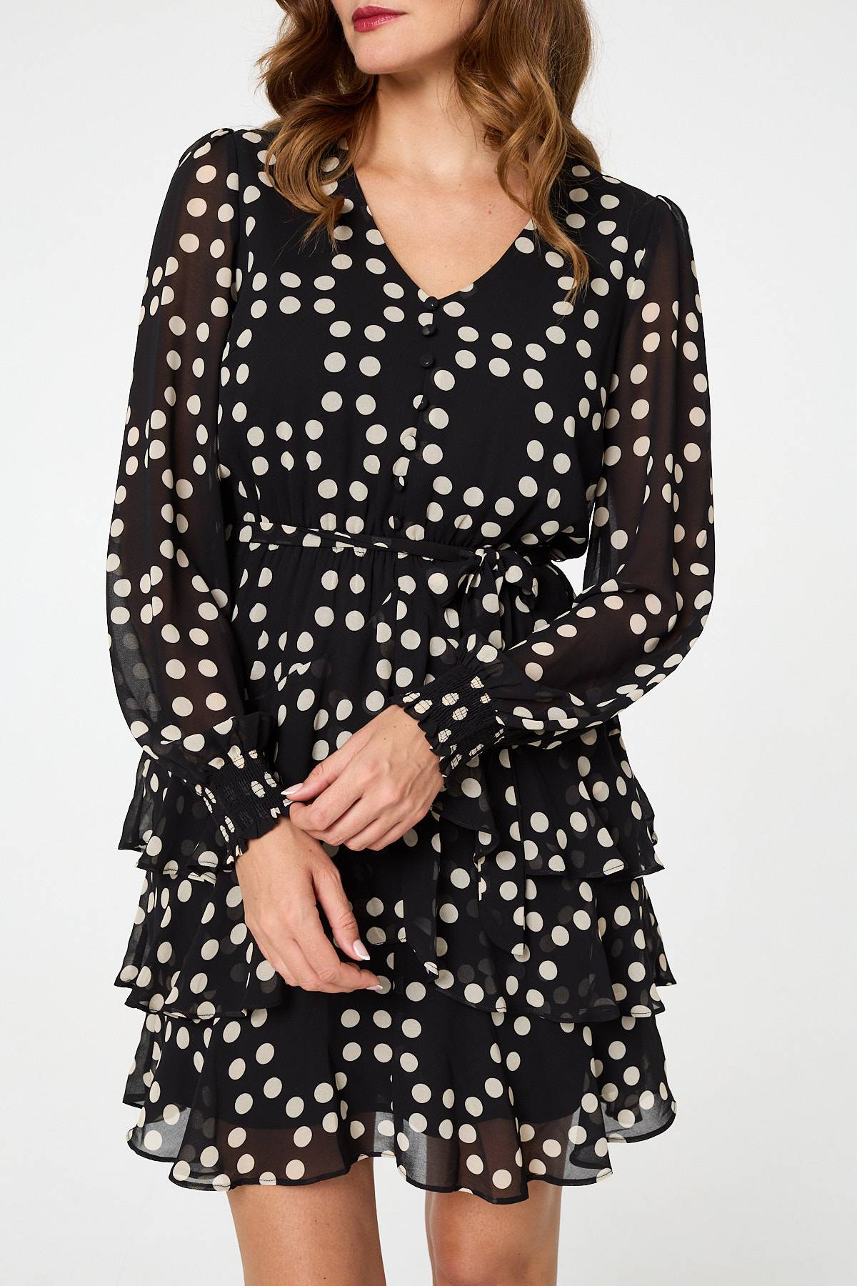 Polka Dot Semi Sheer Layer Short Dress Detail View