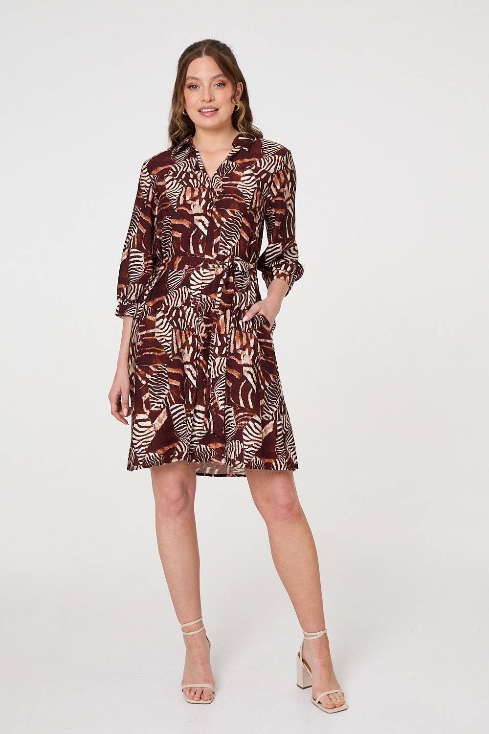 Animal Print Tie Waist Shirt Short Dress Front View 2