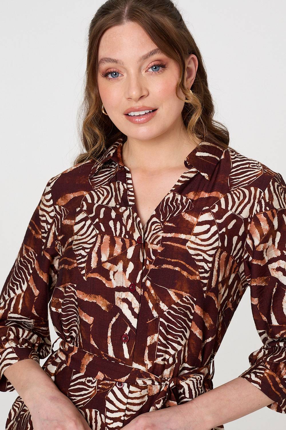 Animal Print Tie Waist Shirt Short Dress Full Length View