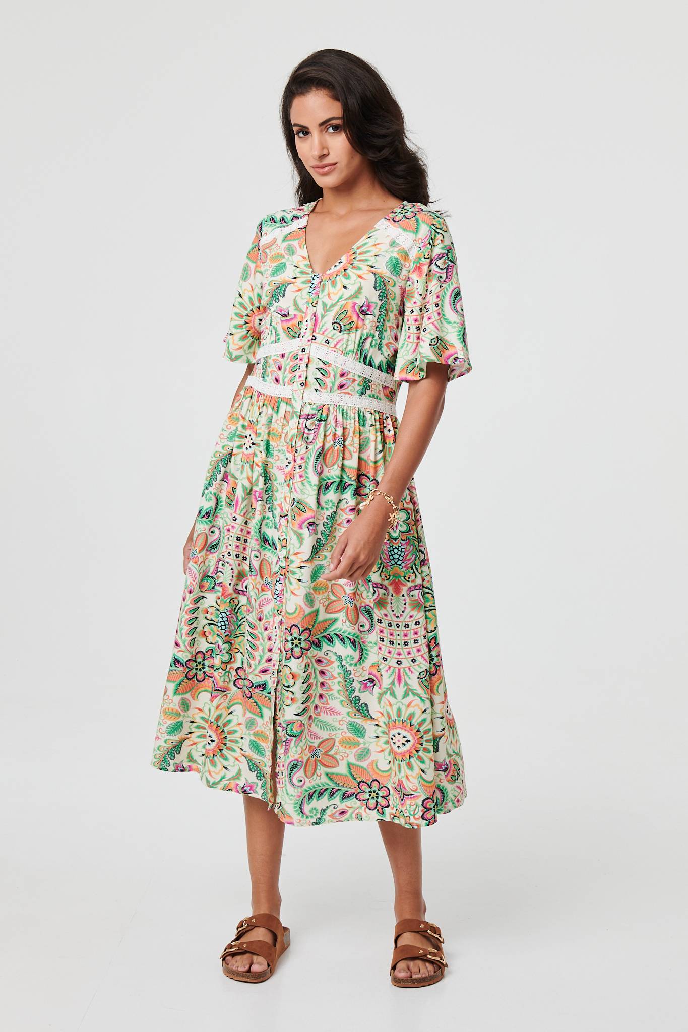 Printed 1/2 Flared Sleeve Midi Dress Front View