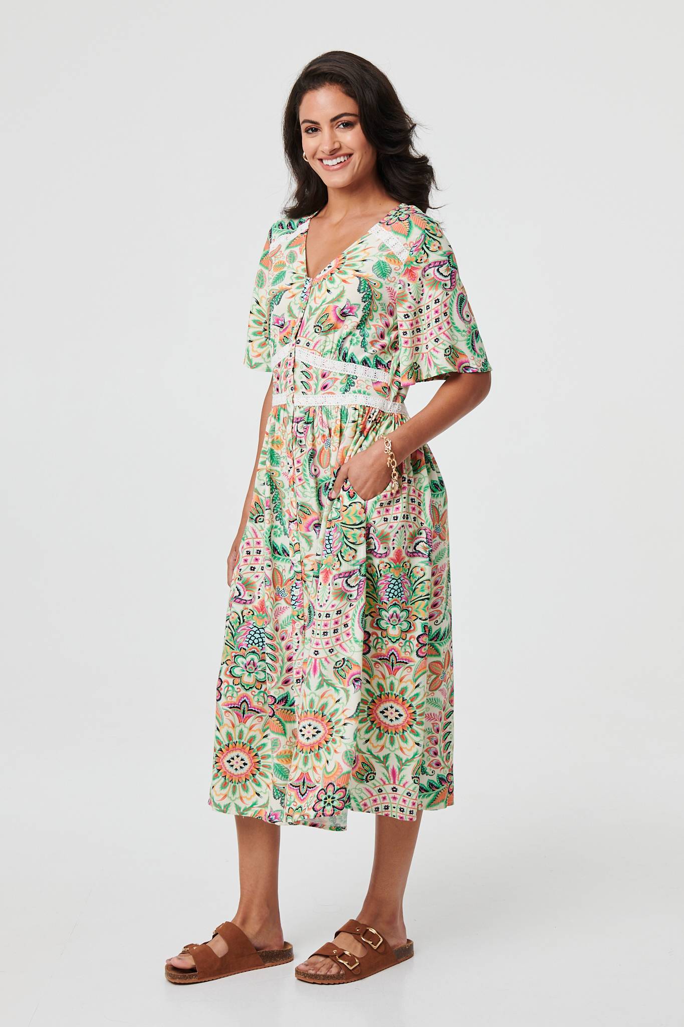 Printed 1/2 Flared Sleeve Midi Dress Full Length View