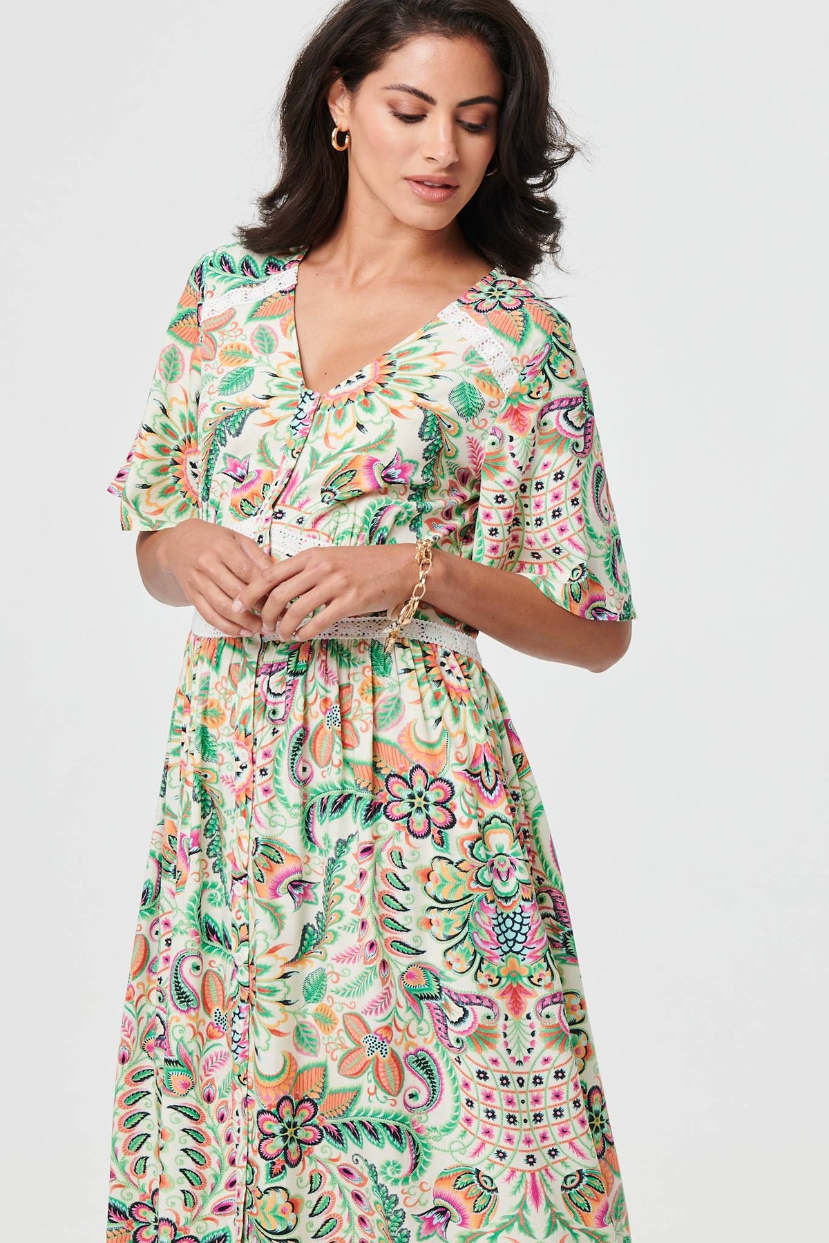 Printed 1/2 Flared Sleeve Midi Dress Styled View