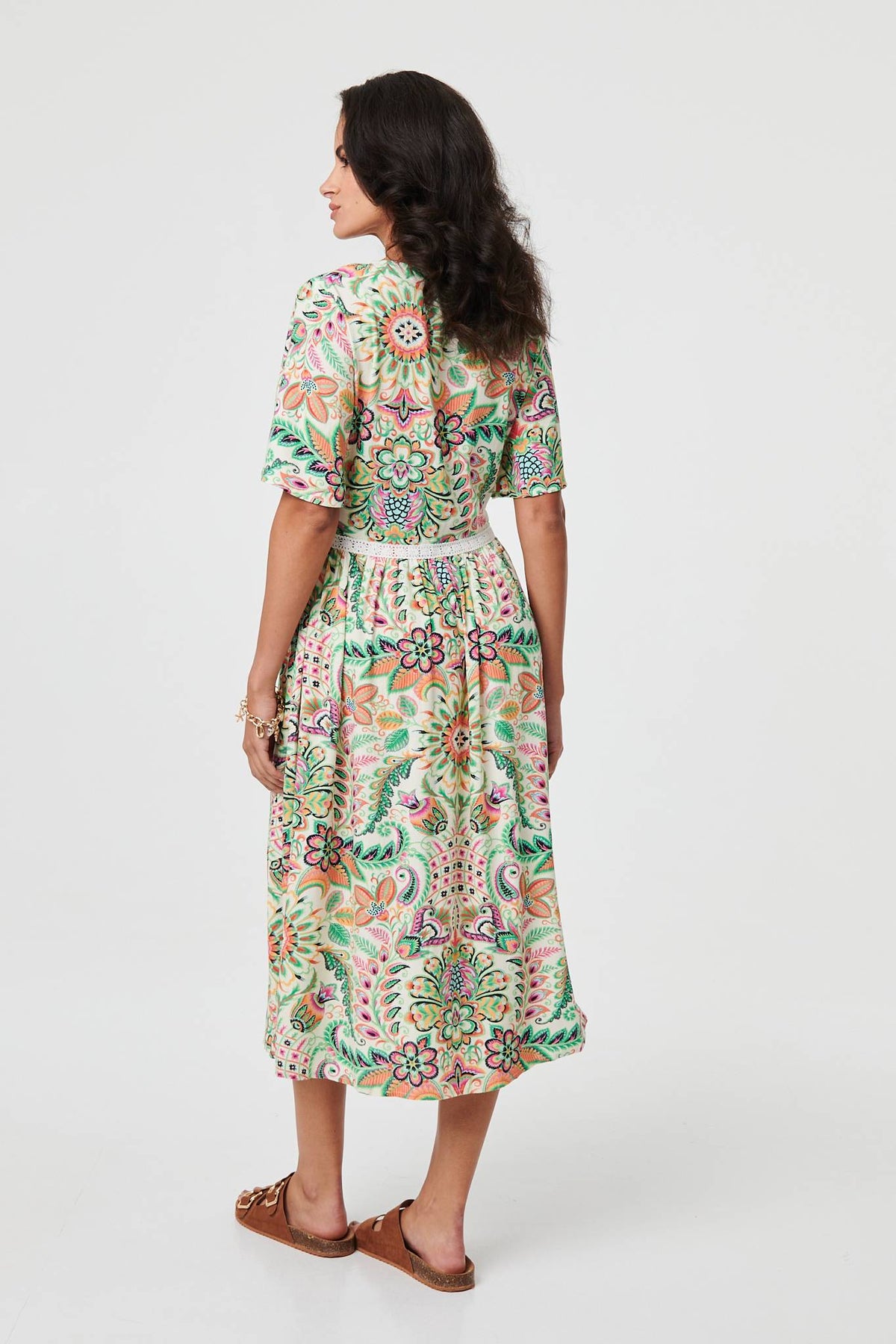 Printed 1/2 Flared Sleeve Midi Dress Detail View
