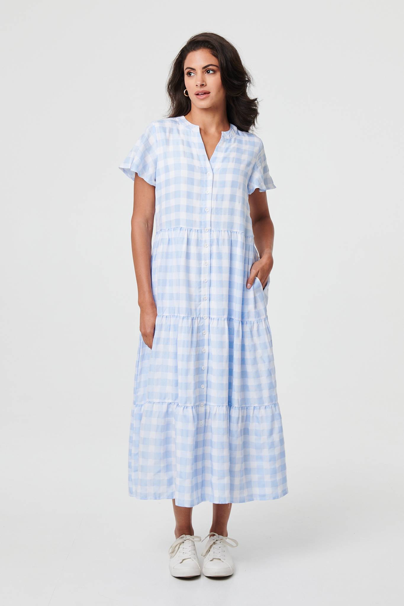 Checked Short Sleeve Tiered Maxi Dress Front View