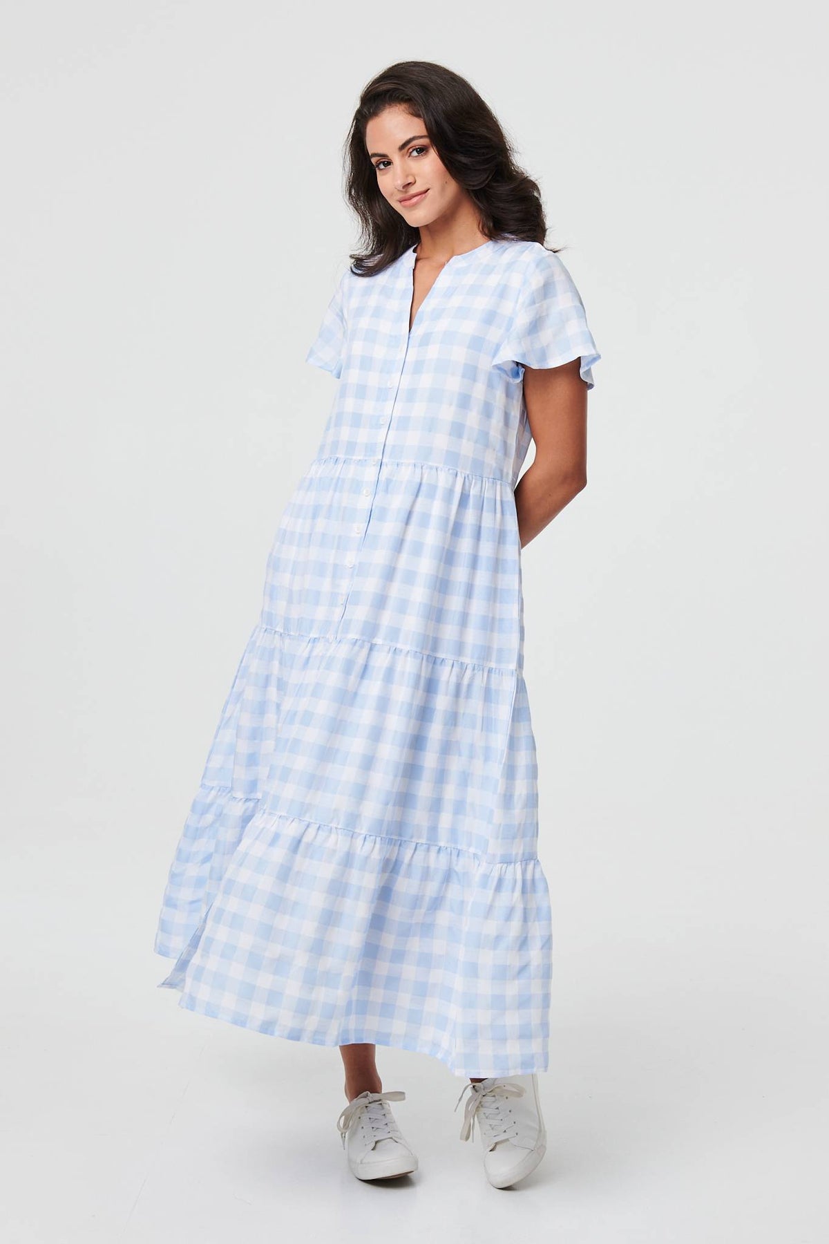 Checked Short Sleeve Tiered Maxi Dress Full Length View
