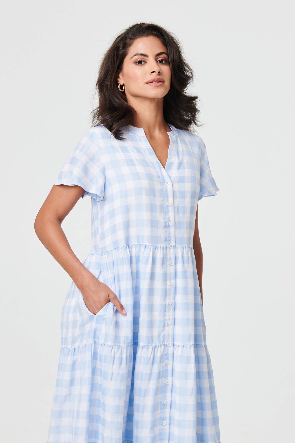 Checked Short Sleeve Tiered Maxi Dress Styled View