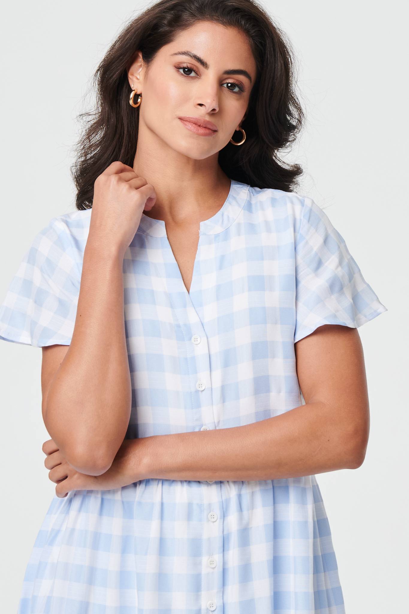Checked Short Sleeve Tiered Maxi Dress Back View