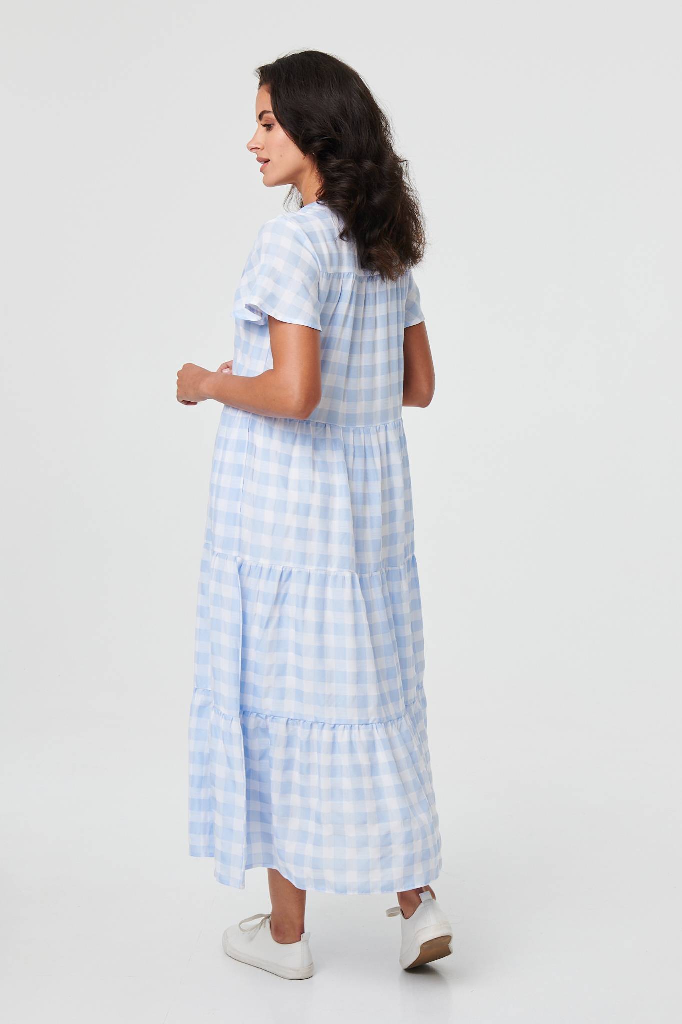 Checked Short Sleeve Tiered Maxi Dress Detail View