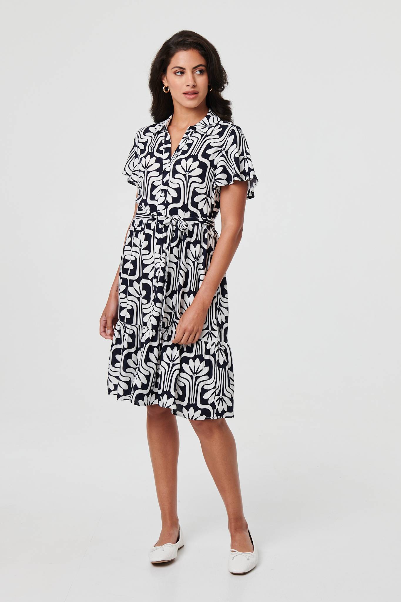 Printed Short Sleeve Mini Shirt Dress Front View