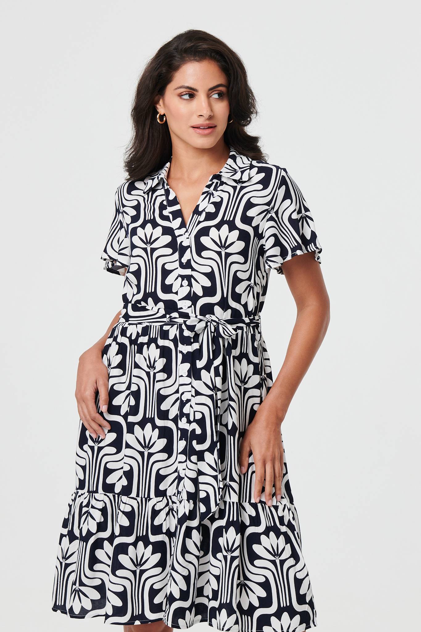 Printed Short Sleeve Mini Shirt Dress Back View