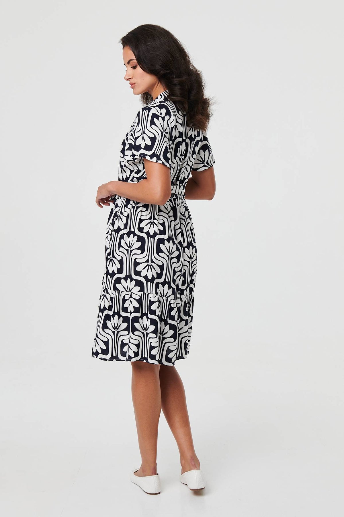 Printed Short Sleeve Mini Shirt Dress Detail View