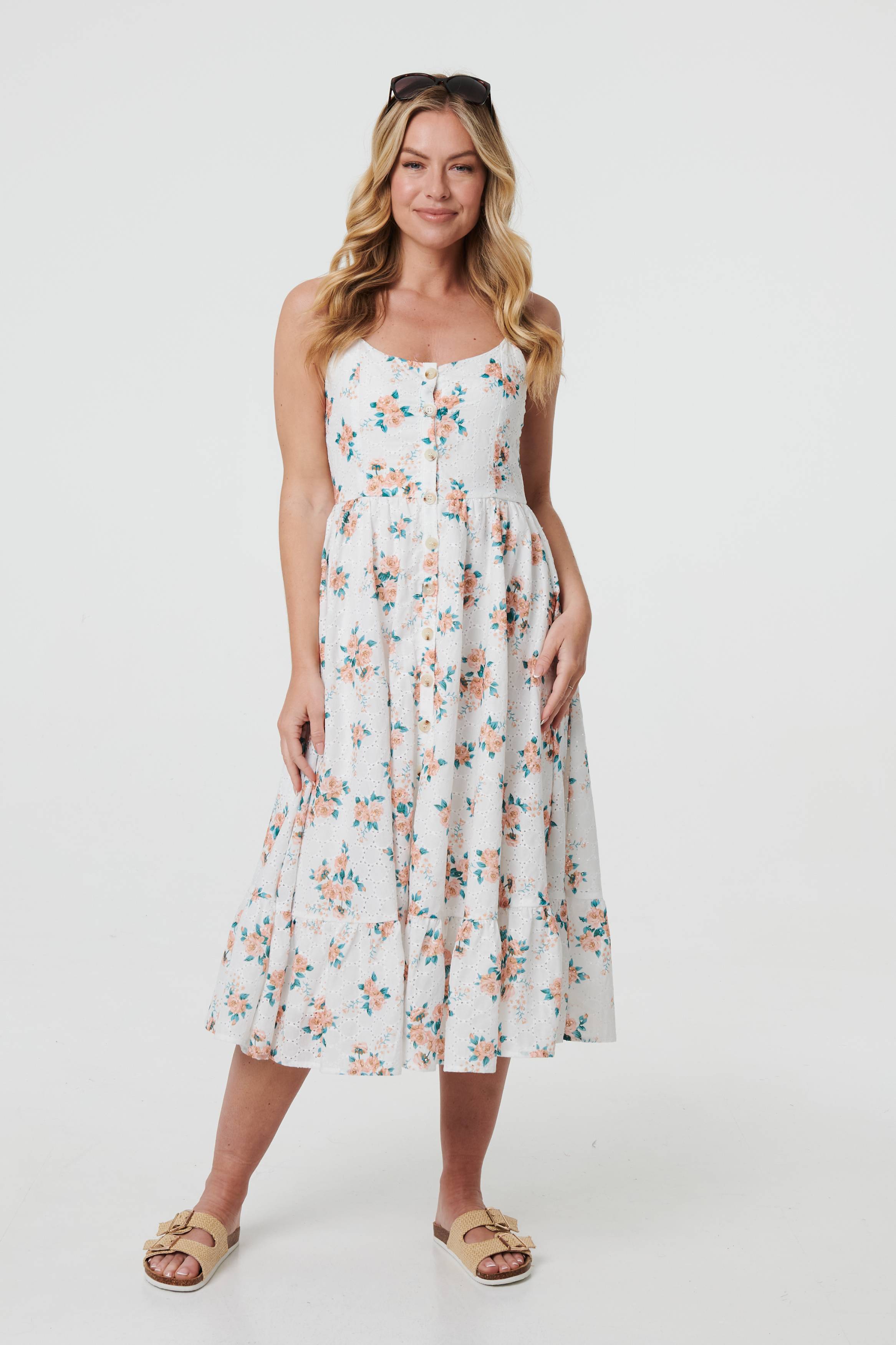 Floral A-Line Cami Strap Midi Dress Styled View