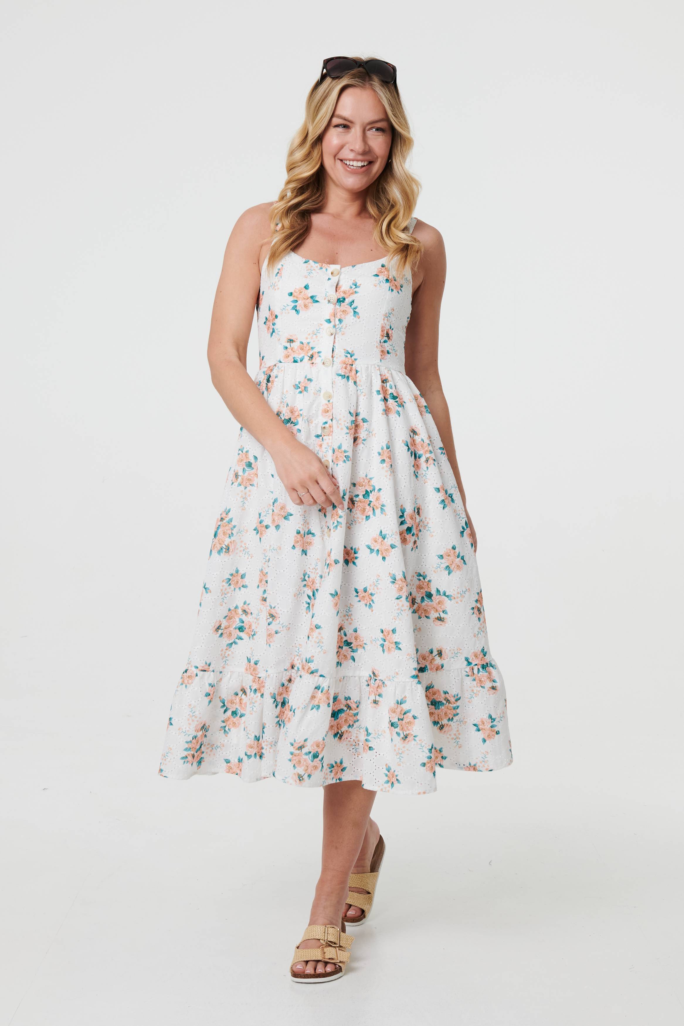 Floral A-Line Cami Strap Midi Dress Front View