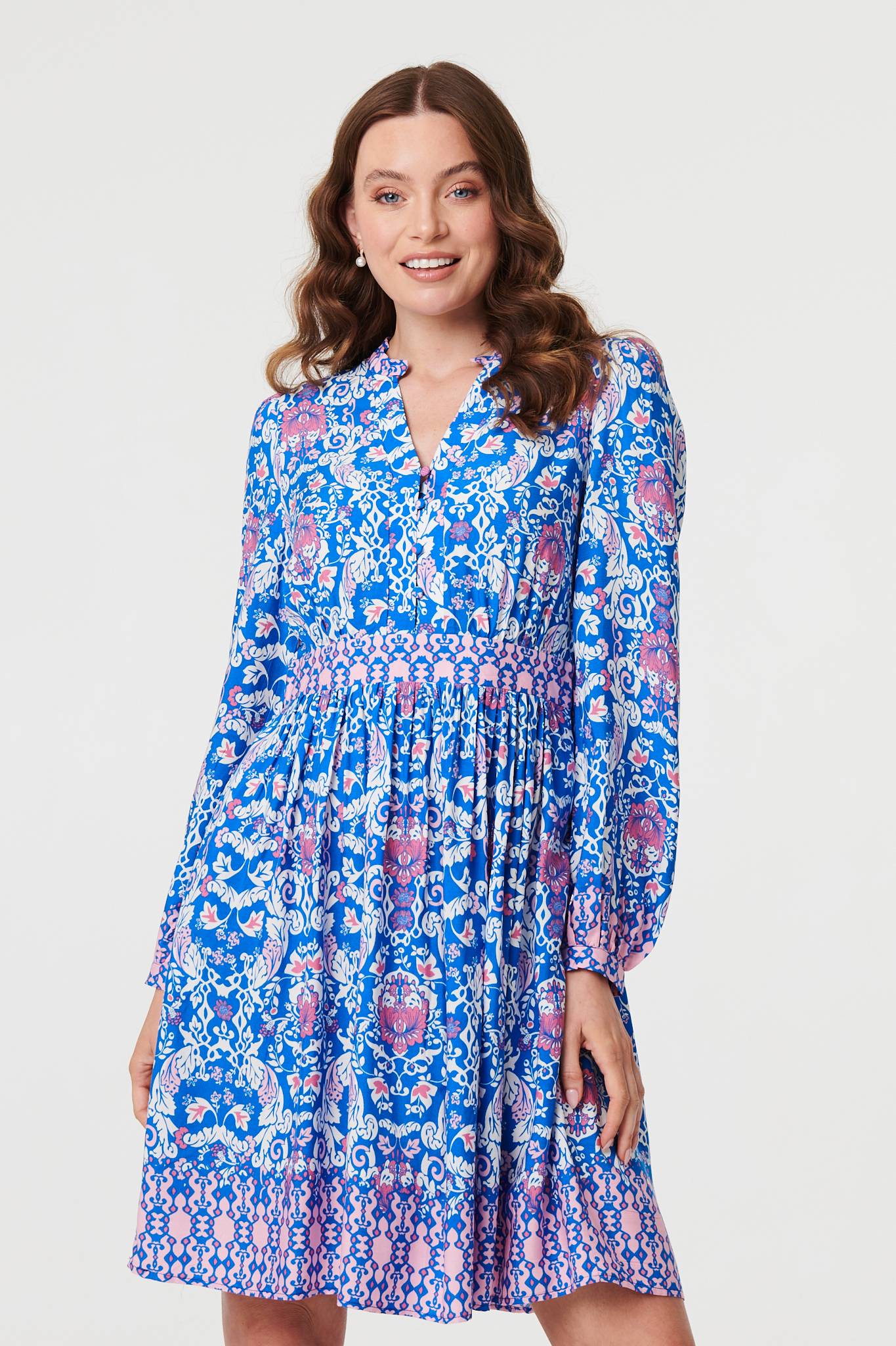 Printed Long Sleeve Shirred Short Dress Back View