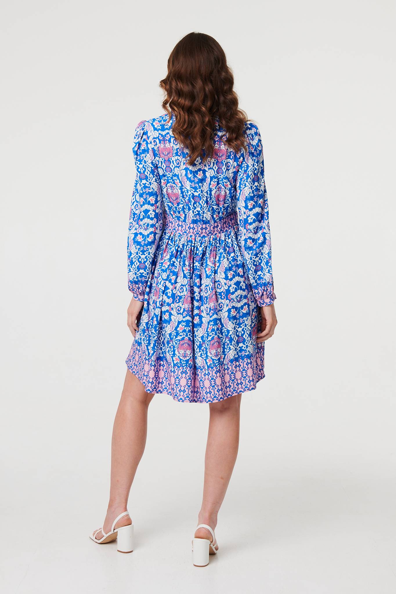 Printed Long Sleeve Shirred Short Dress Styled View