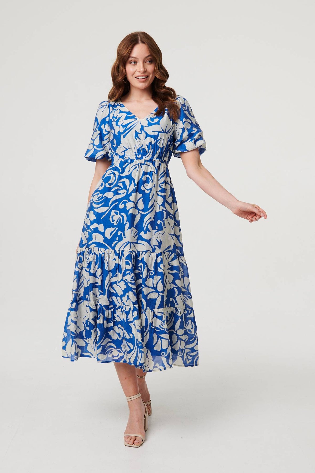 Floral Puff Sleeve Tiered Midi Dress Front View