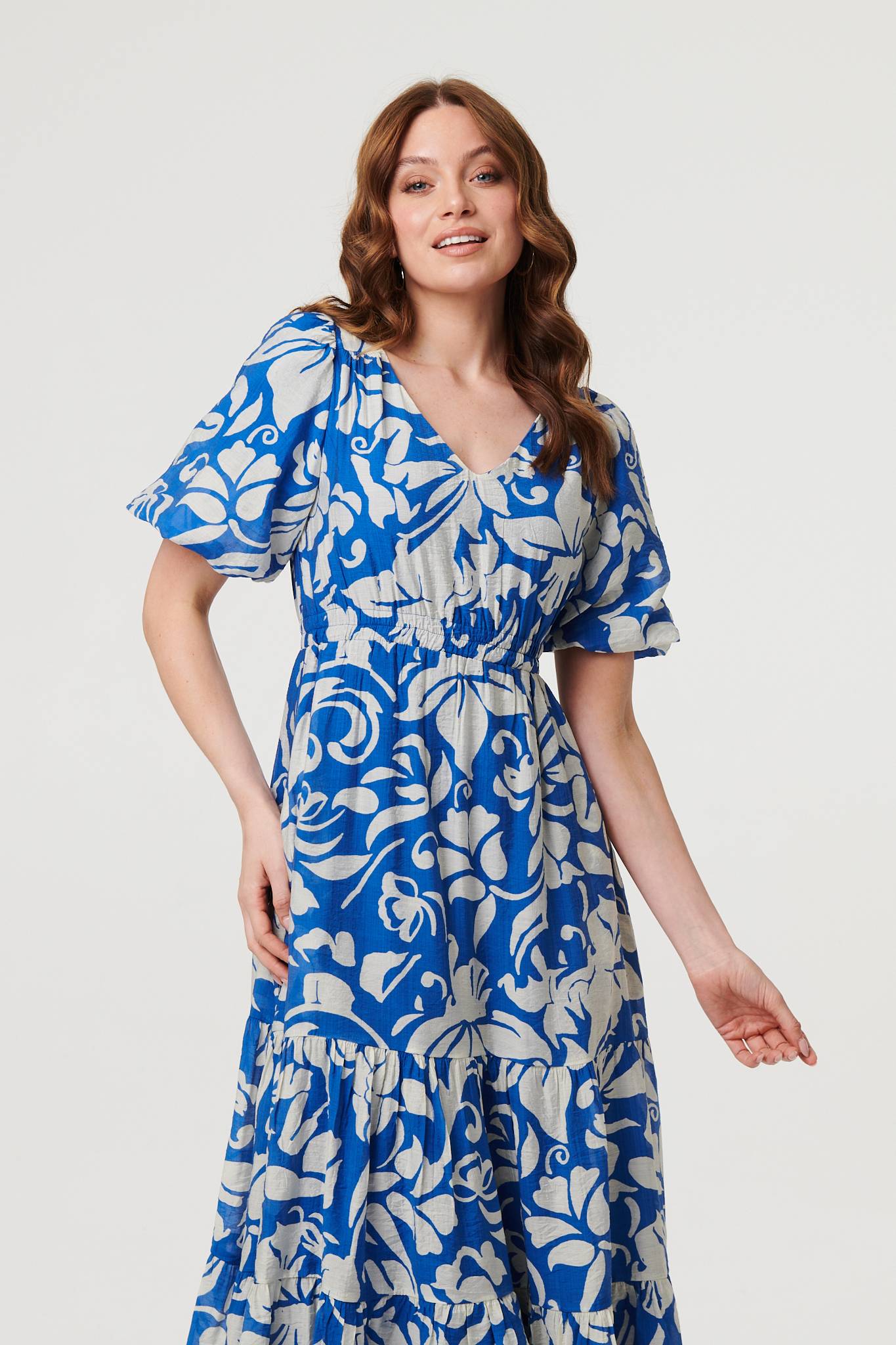 Floral Puff Sleeve Tiered Midi Dress Back View
