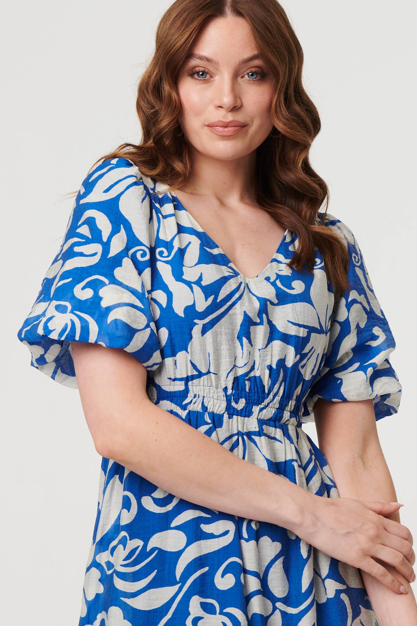 Floral Puff Sleeve Tiered Midi Dress Full Length View