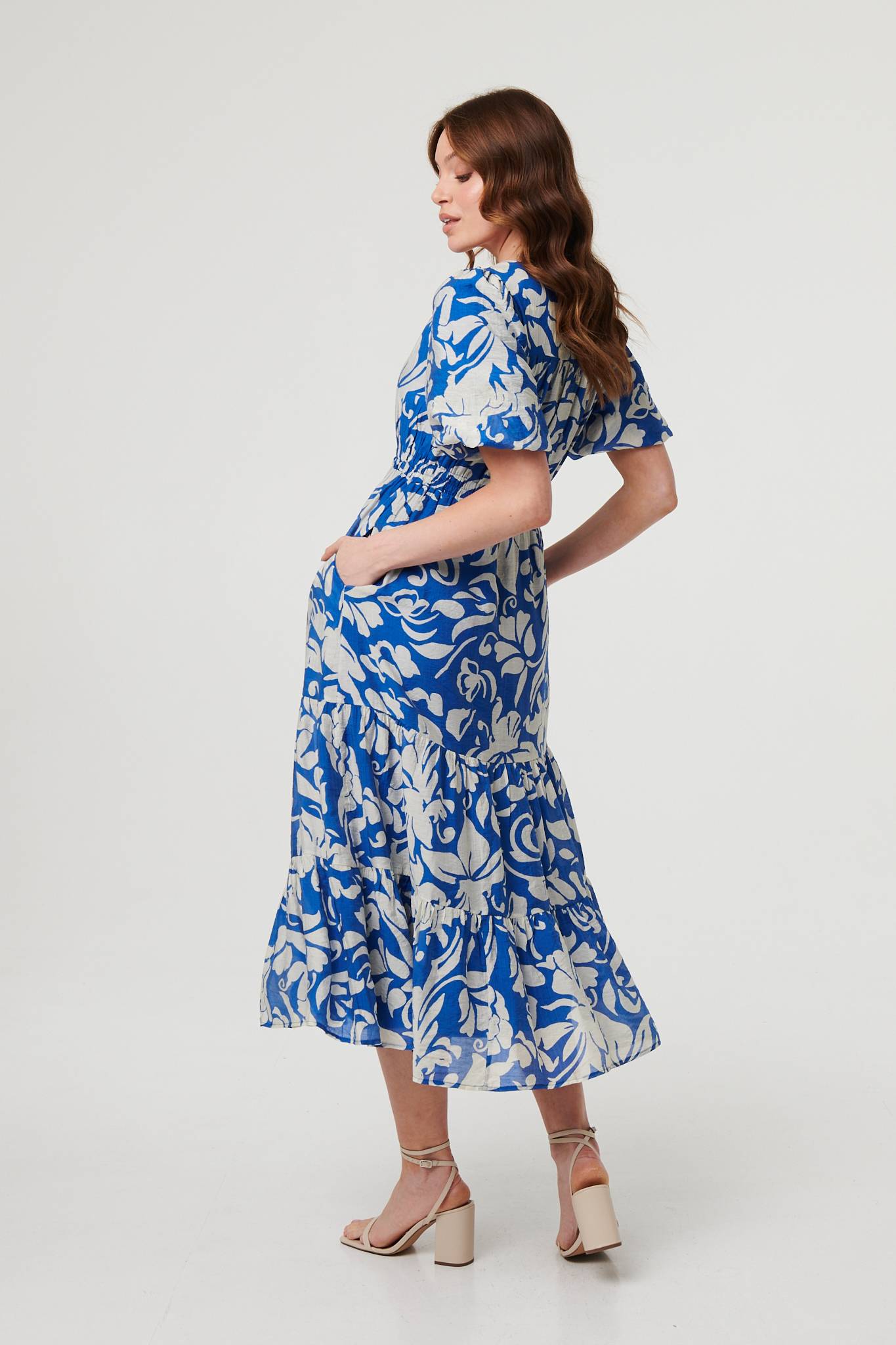 Floral Puff Sleeve Tiered Midi Dress Styled View