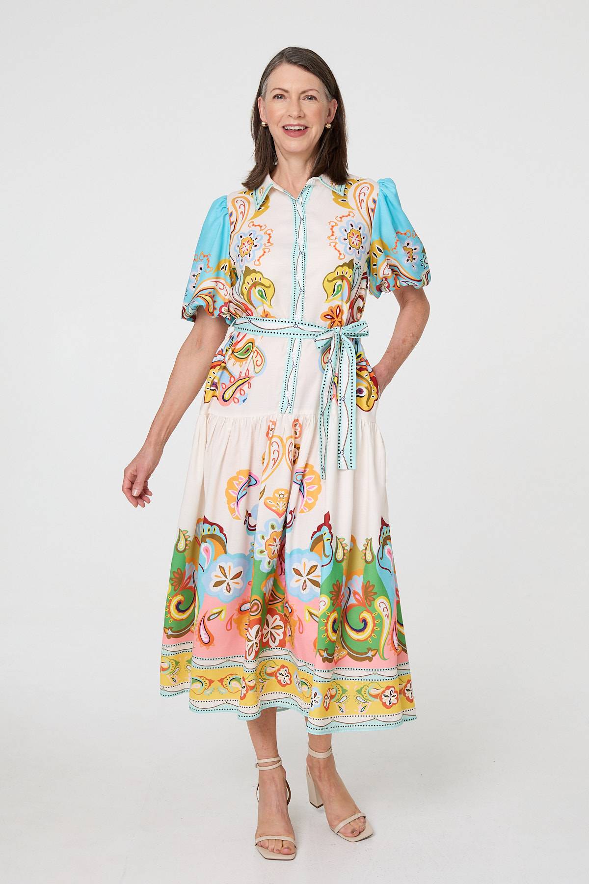 Abstract Border Tie Waist Midi Dress Styled View