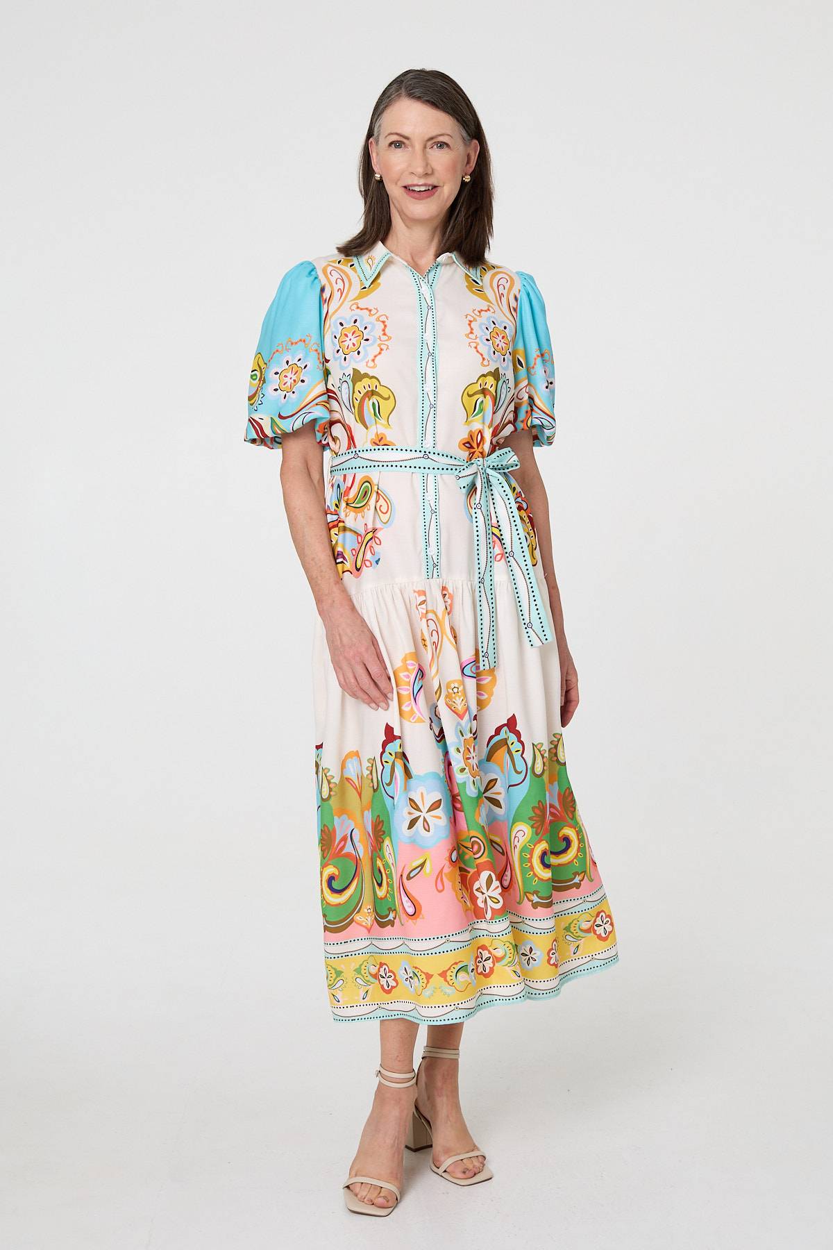 Abstract Border Tie Waist Midi Dress Front View