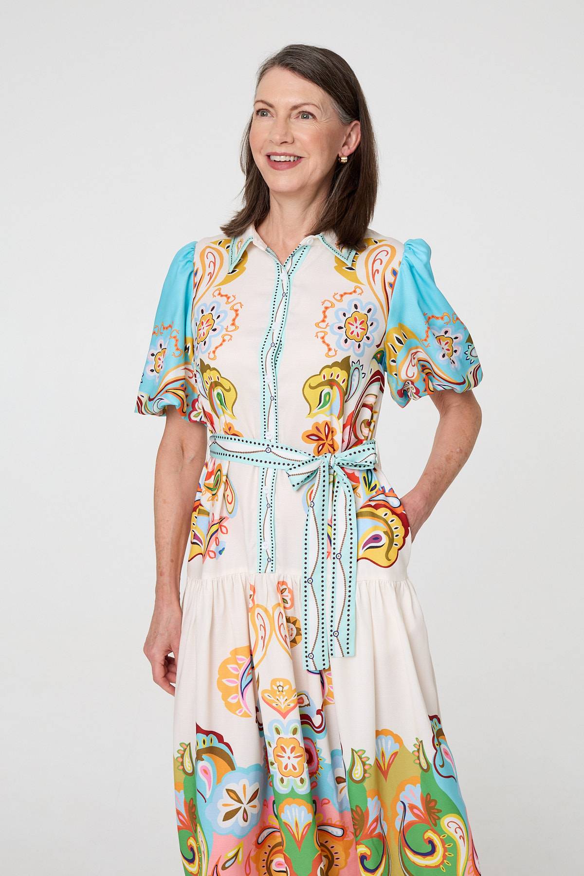 Abstract Border Tie Waist Midi Dress Back View