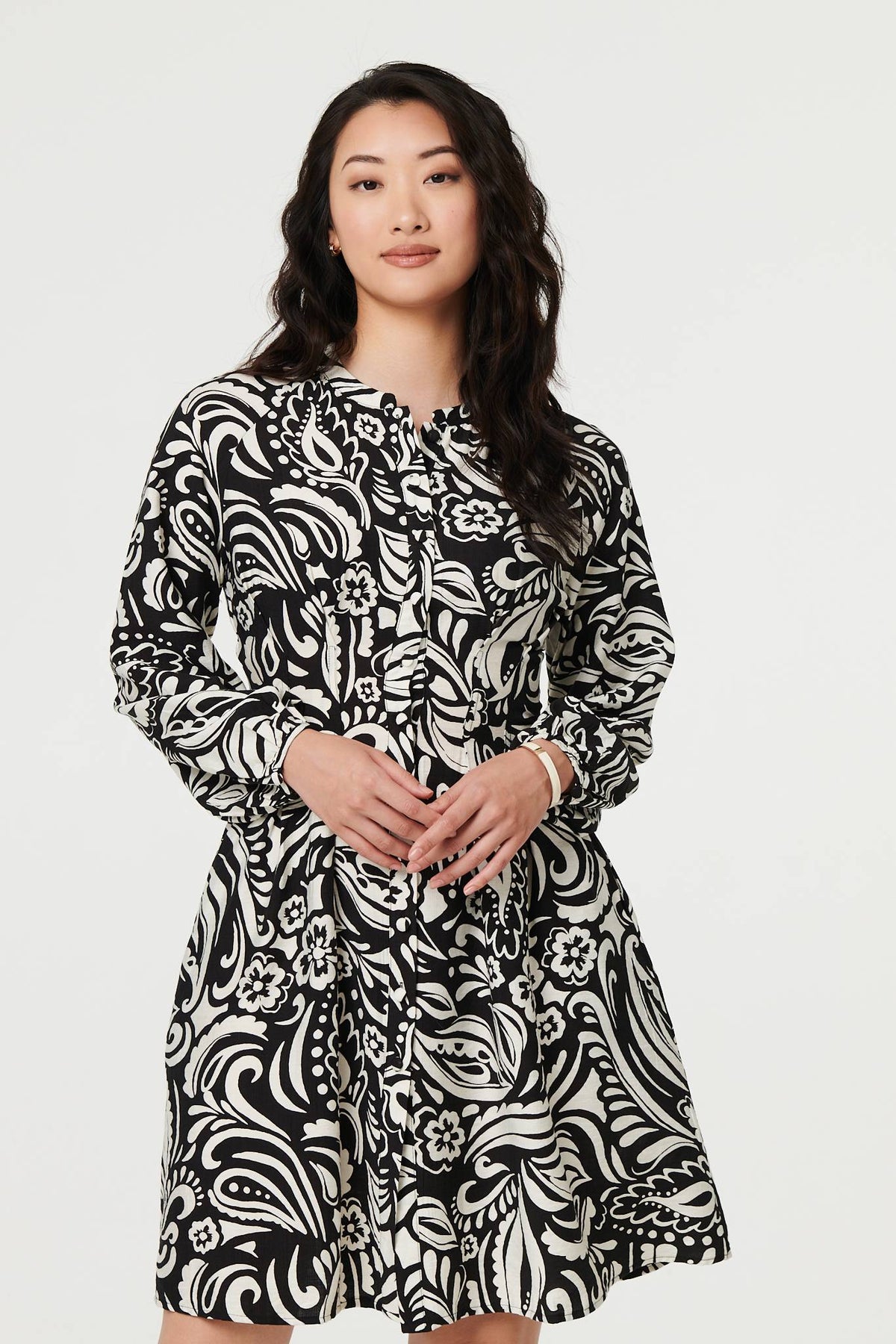 Printed Long Sleeve Knee Length Dress Front View