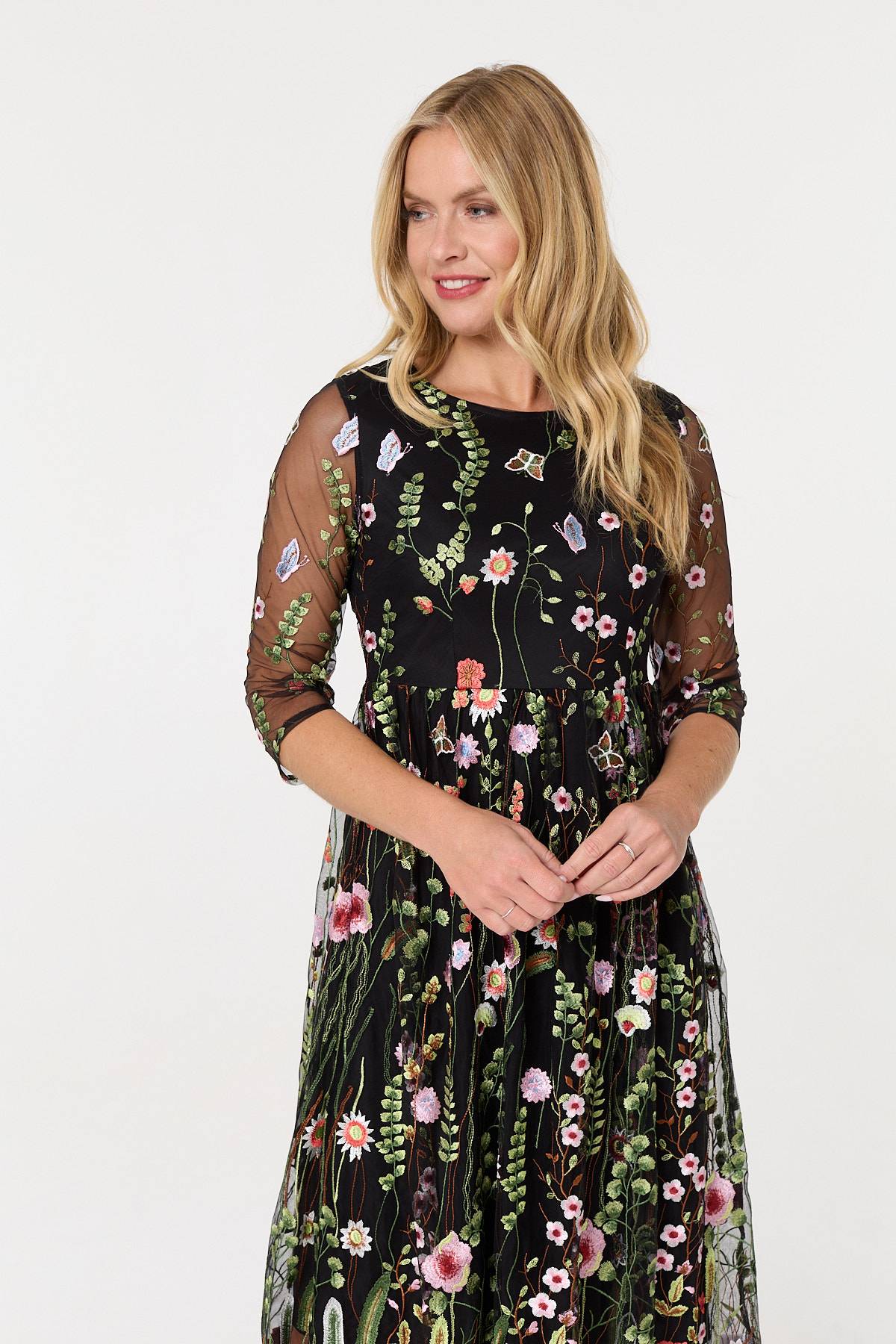 Floral Embroidered Mesh Midi Dress Back View