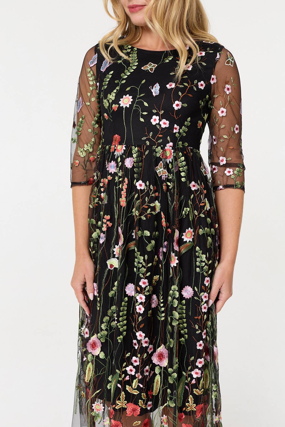 Floral Embroidered Mesh Midi Dress Full Length View